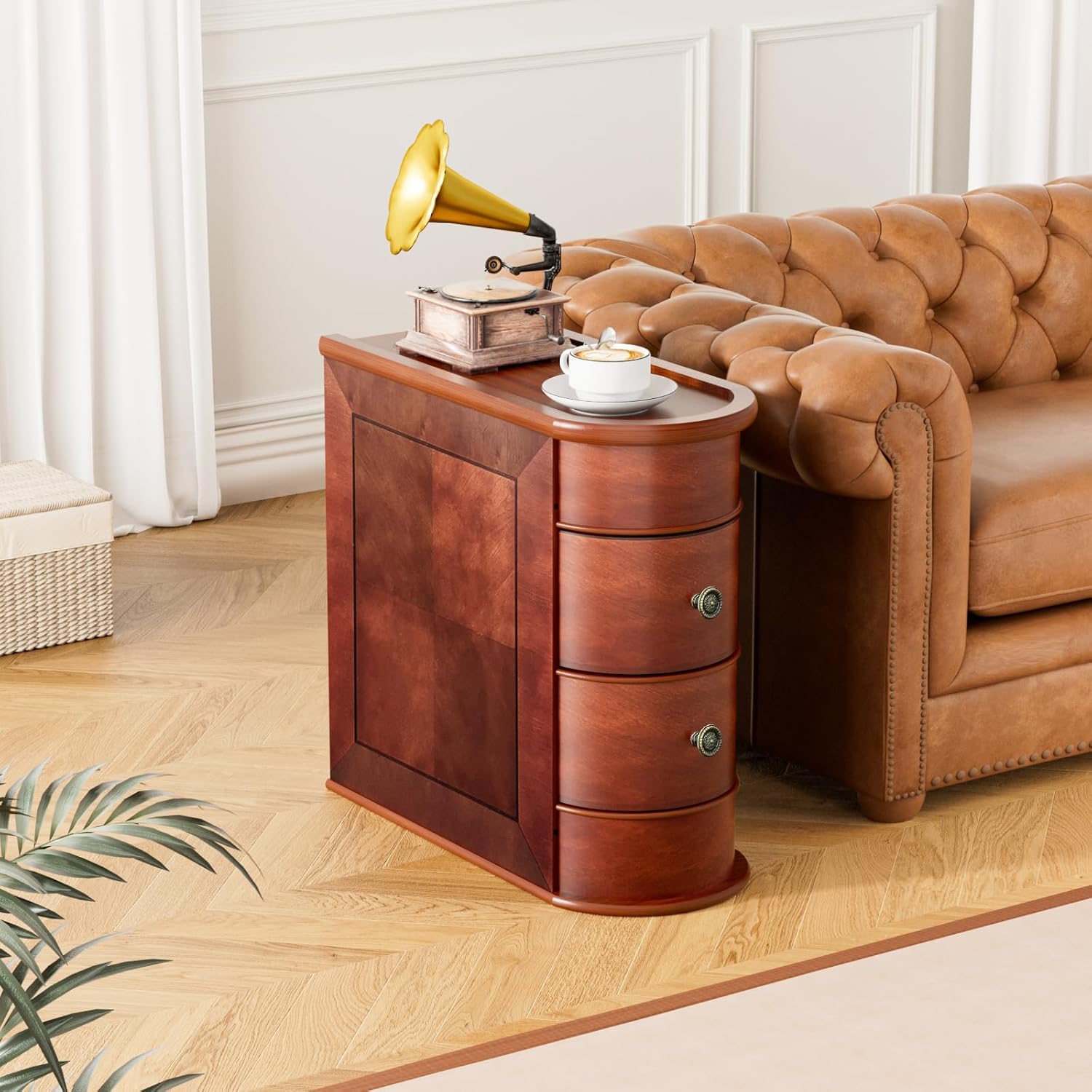 Solid Wood Narrow End Table, Fully Assembled Side Table Living Room | Slim Side Table with 2 Drawers, Vintage Small Nightstand for Bedside Bedroom Small Spaces, Finished Back