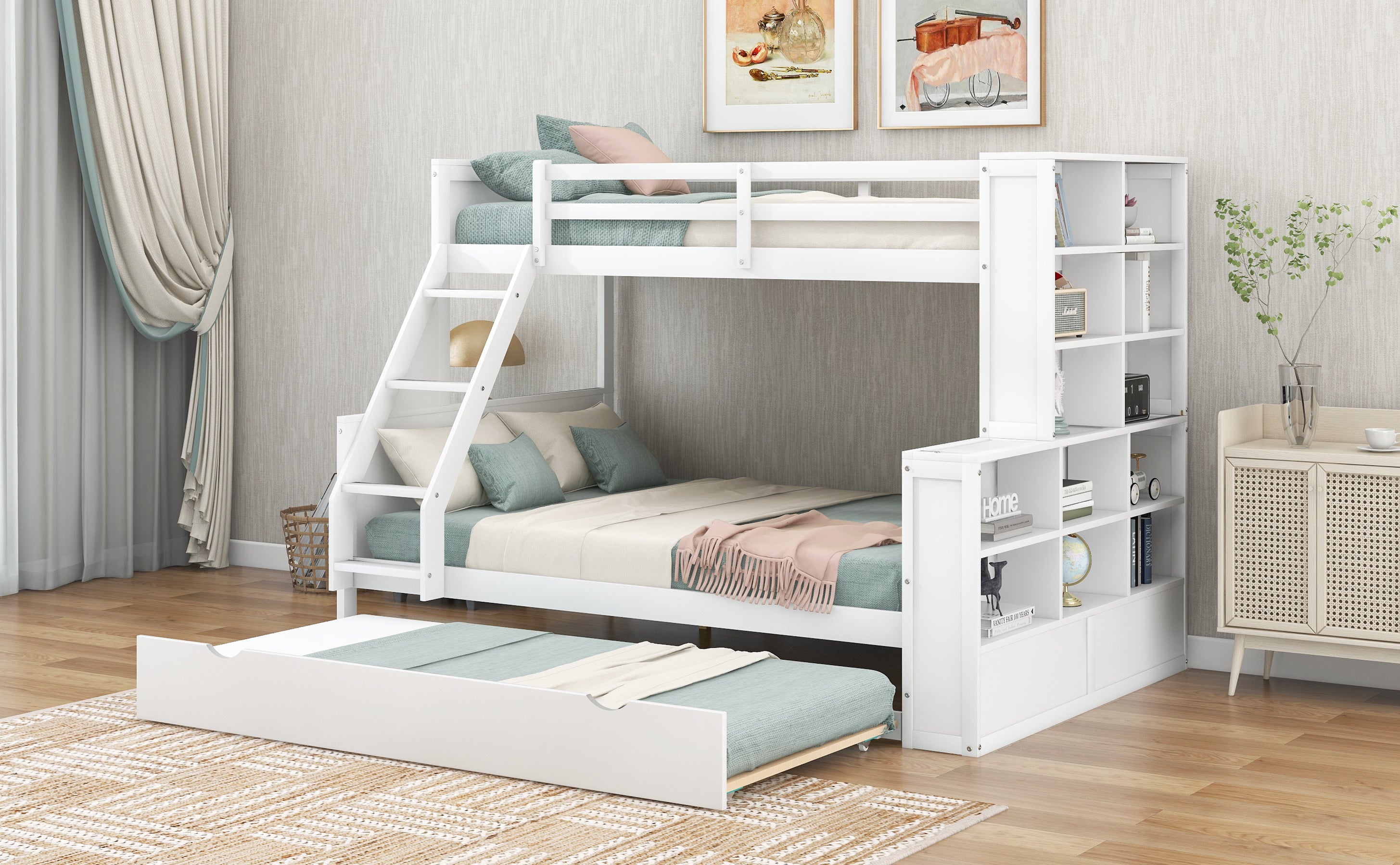 Twin over Full Bunk Bed with Trundle and Shelves, can be Separated into Three Separate Platform Beds, White
