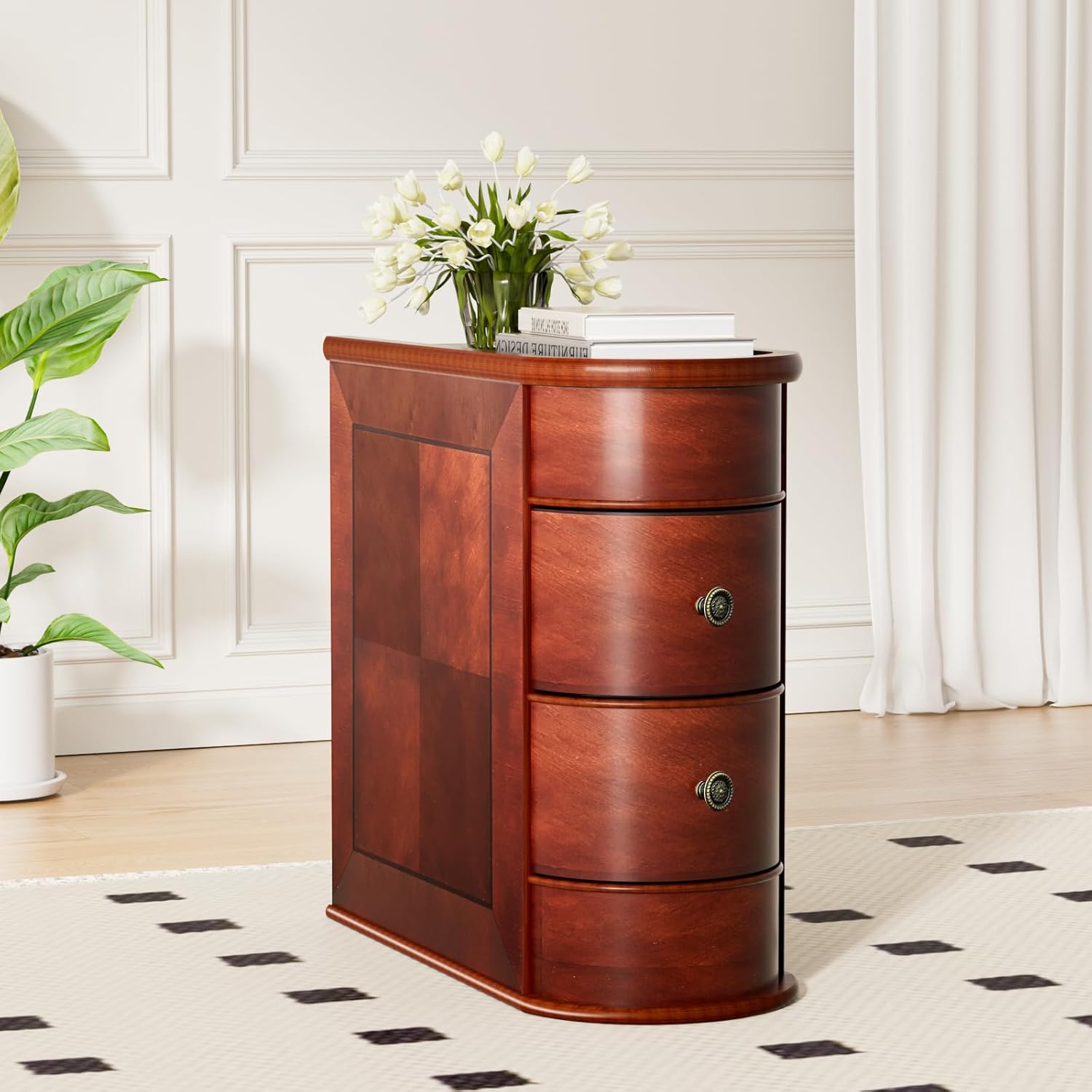 Solid Wood Narrow End Table, Fully Assembled Side Table Living Room | Slim Side Table with 2 Drawers, Vintage Small Nightstand for Bedside Bedroom Small Spaces, Finished Back