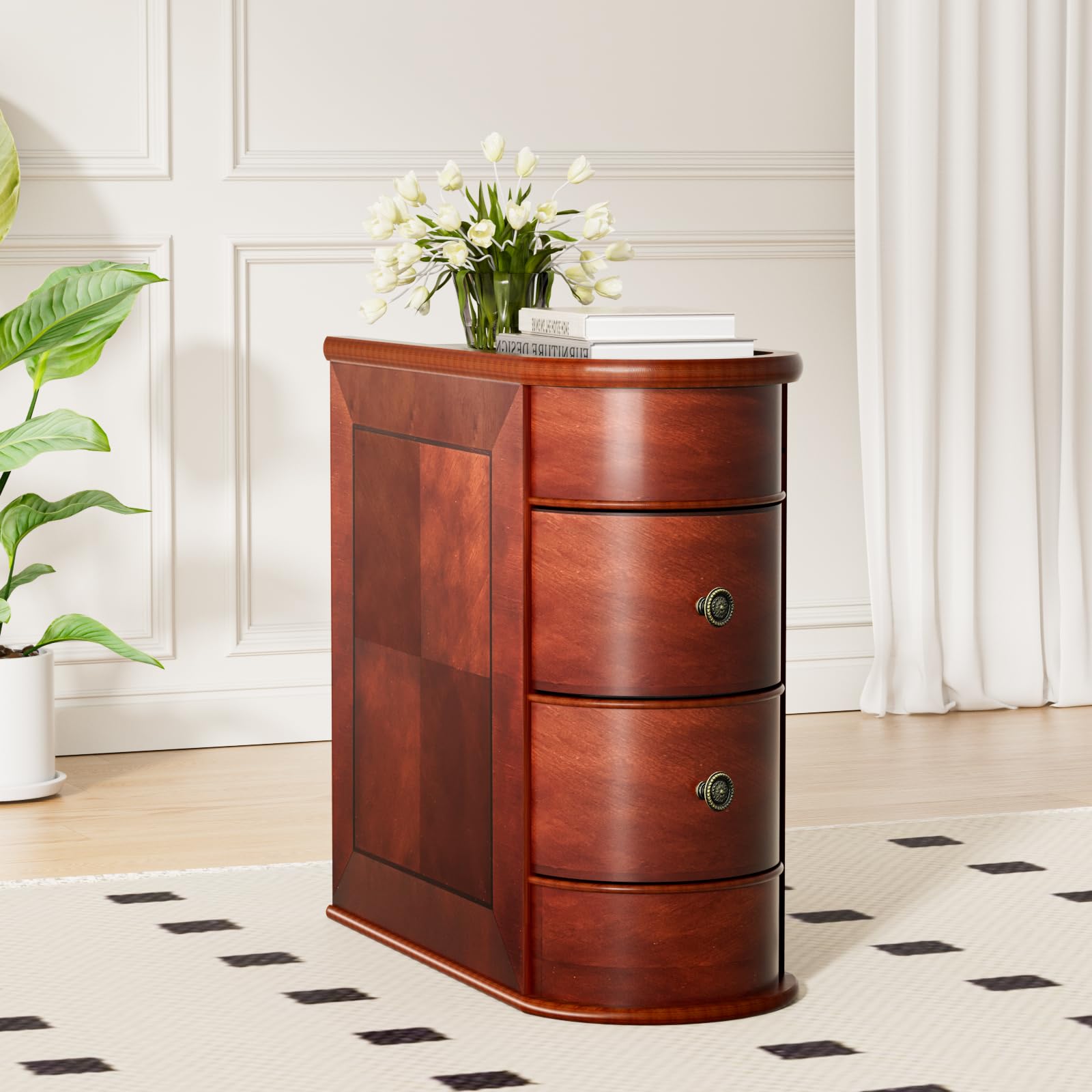 Solid Wood Narrow End Table, Fully Assembled Side Table Living Room | Slim Side Table with 2 Drawers, Vintage Small Nightstand for Bedside Bedroom Small Spaces, Finished Back