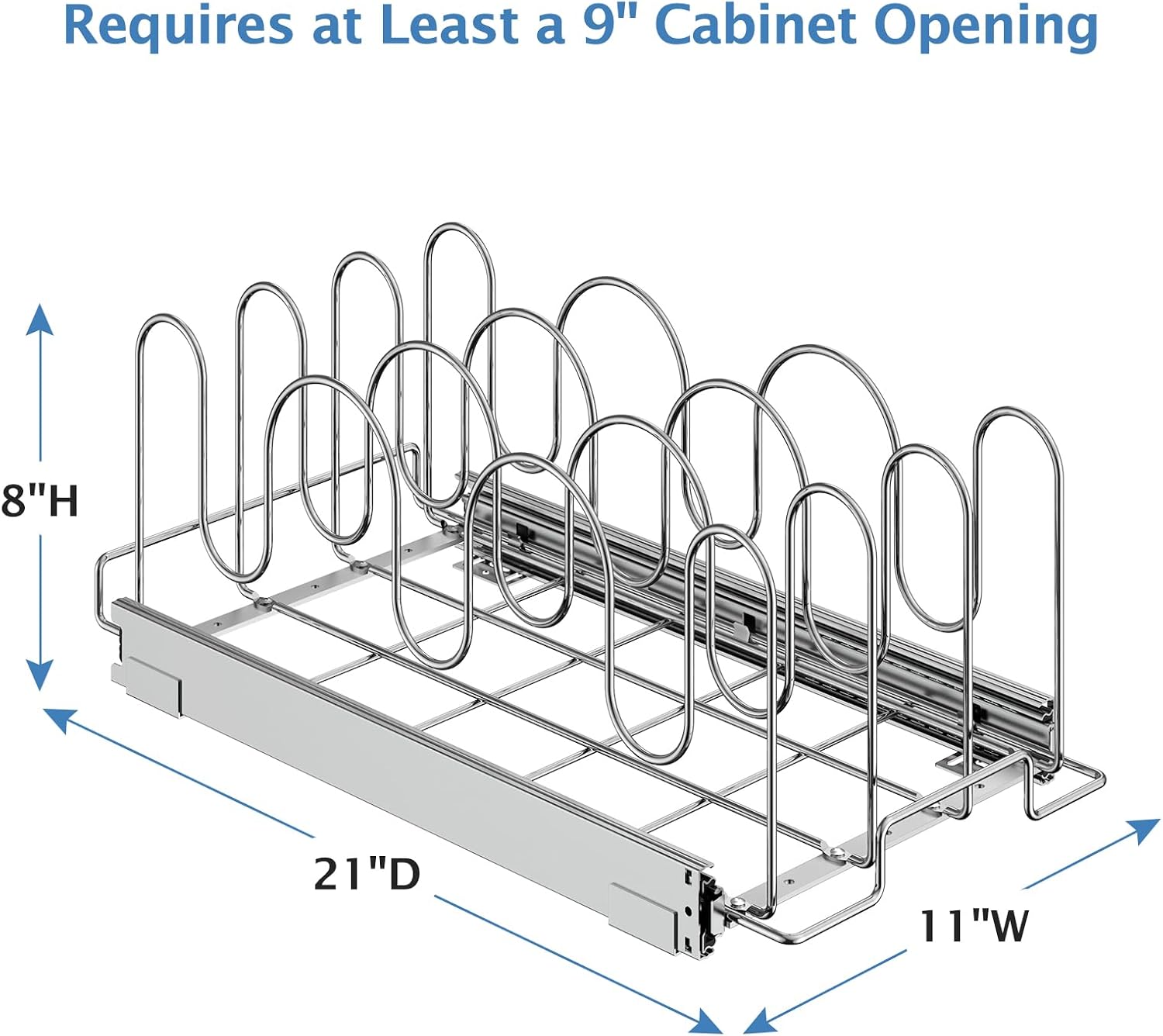 Slide Out Pan and Pot Lid Organizer for Cabinet, Kitchen Pull Out Pot Lid Rack Pantry Cutting Board Bakeware Cookware Holder - 11in. W x 21in. D - Chrome