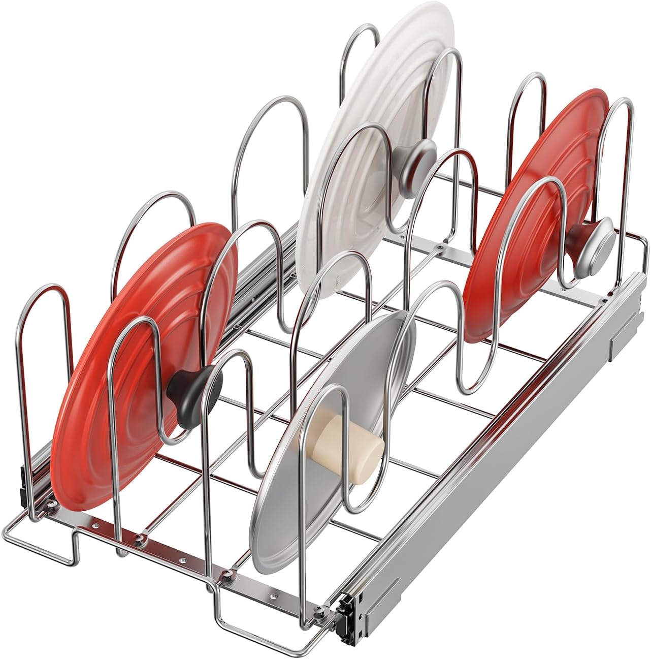 Slide Out Pan and Pot Lid Organizer for Cabinet, Kitchen Pull Out Pot Lid Rack Pantry Cutting Board Bakeware Cookware Holder - 11in. W x 21in. D - Chrome