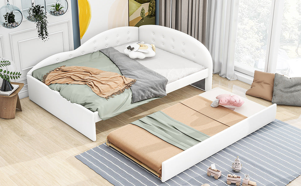 Full Size PU Upholstered Tufted Daybed with Trundle and Cloud Shaped Guardrail, White