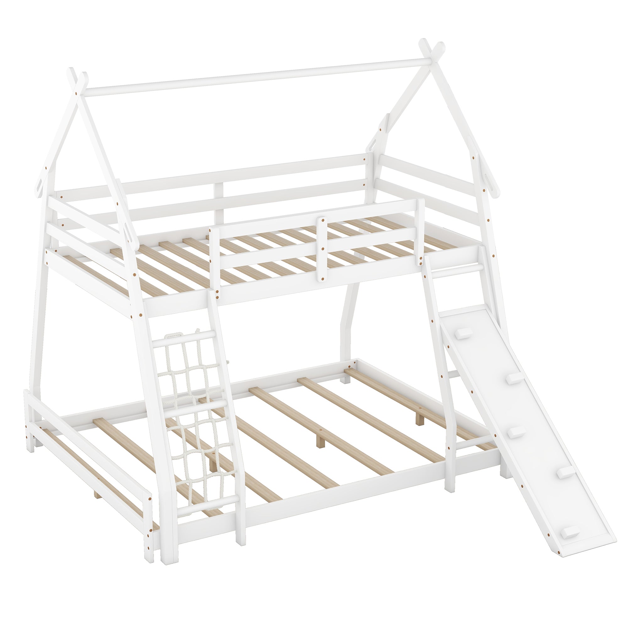 Twin over Queen House Bunk Bed with Climbing Nets and Climbing Ramp, White