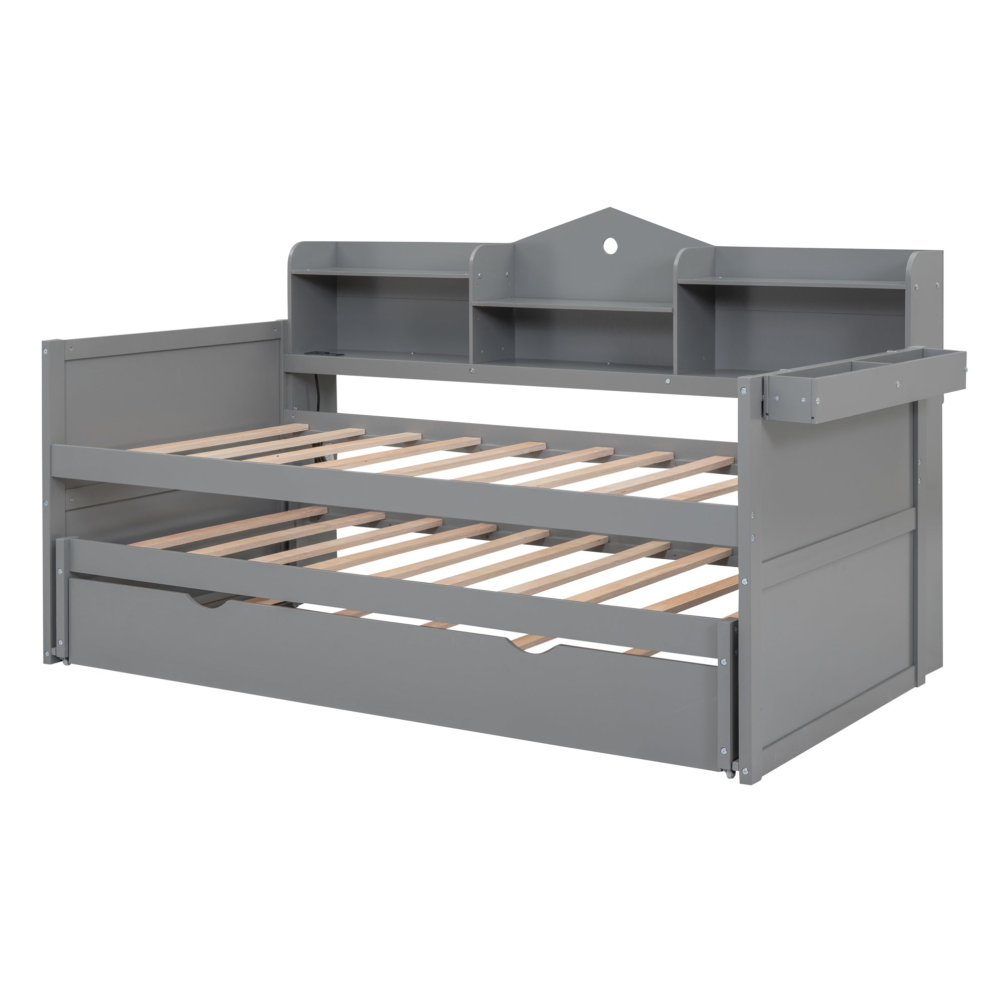 Twin XL Wooden Daybed with 2 Twin Trundles and Storage Shelf, Daybed with USB Charging Ports, No Box-spring Needed, Gray