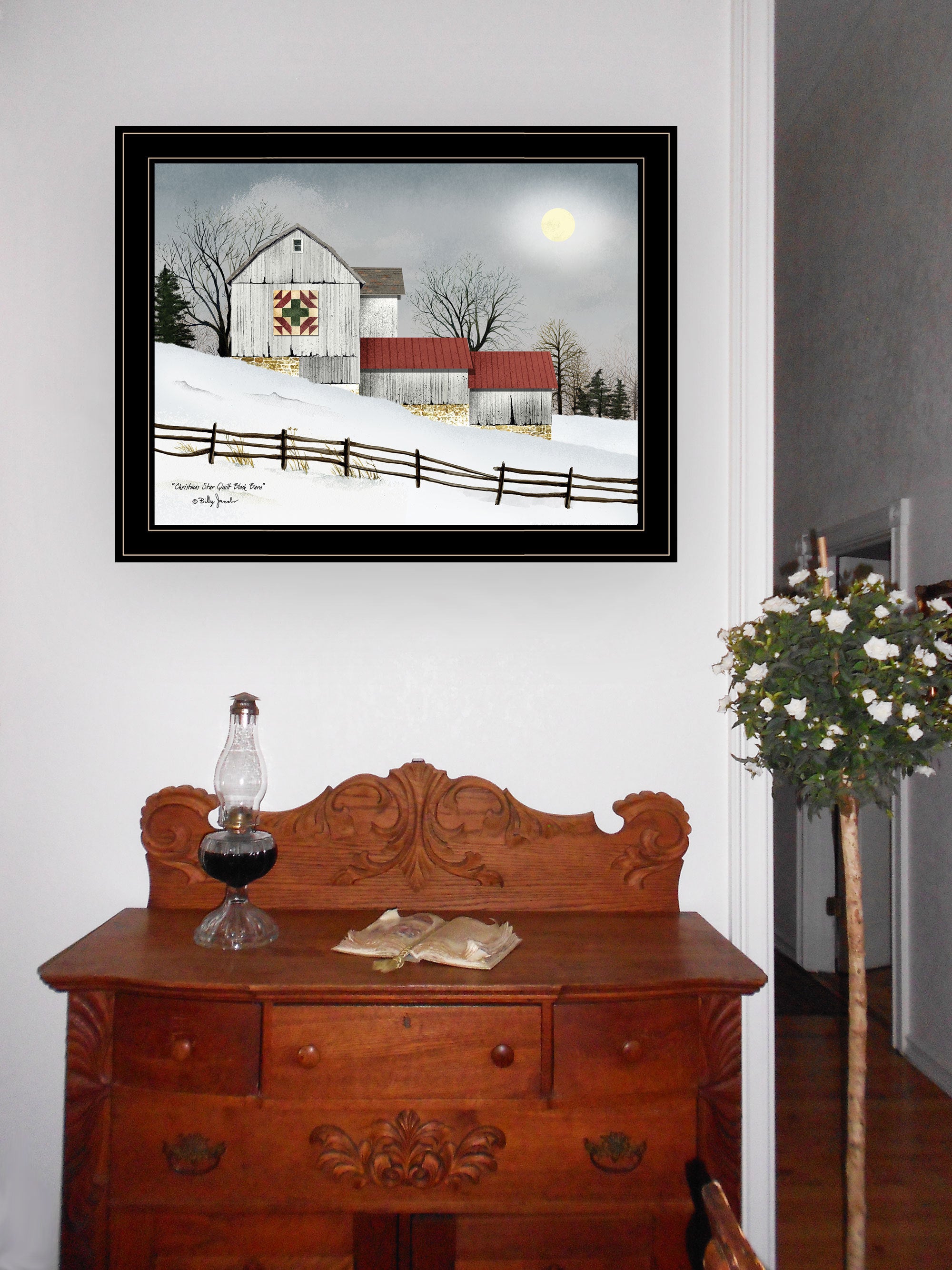 Trendy Decor 4U "Christmas Star Quilt Block Barn" Framed Wall Art, Modern Home Decor Framed Print for Living Room, Bedroom & Farmhouse Wall Decoration by Billy Jacobs