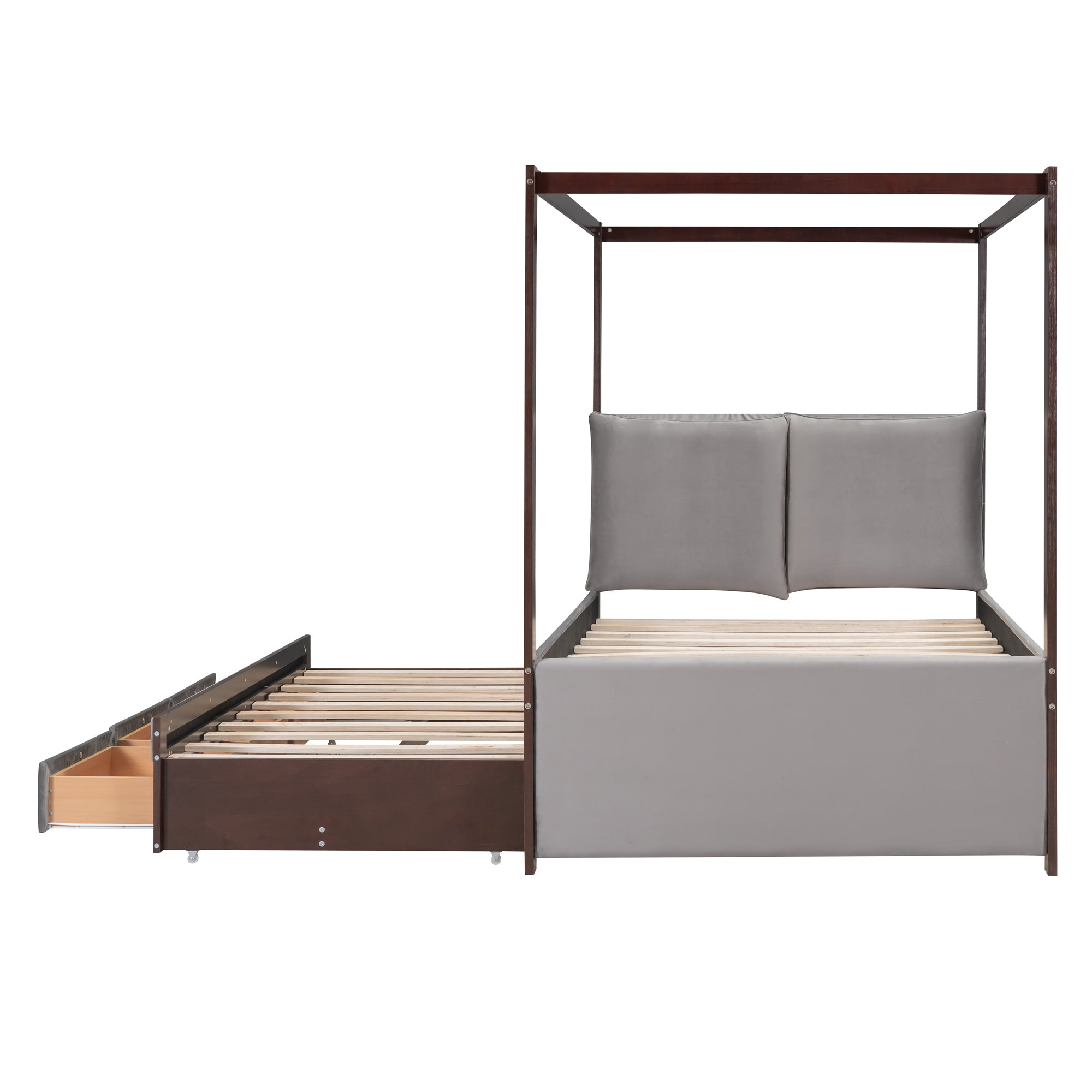 Full Size Upholstered  Canopy Bed with Trundle and 3 Drawers, Gray