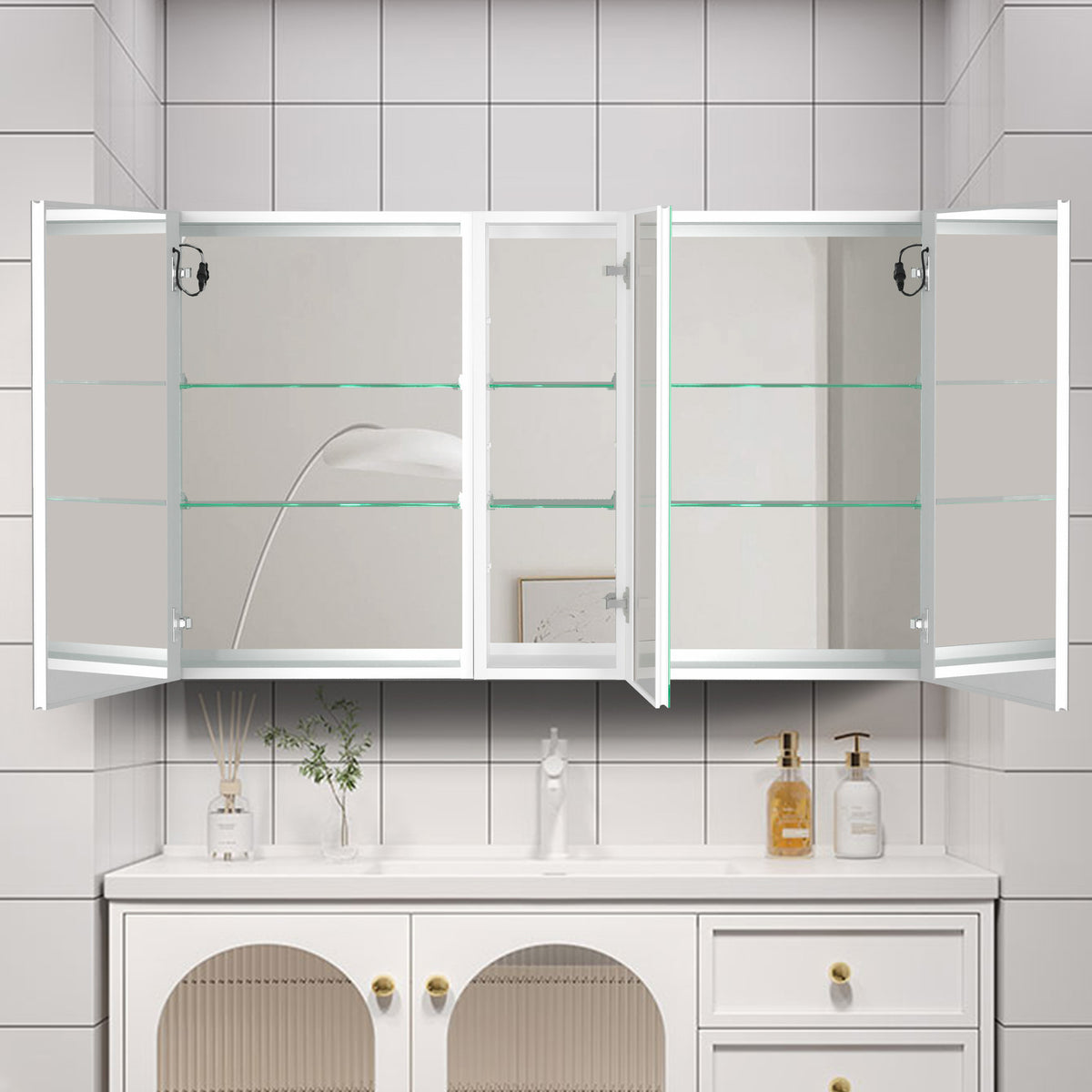 50x30 Inch LED Bathroom Medicine Cabinet Surface Mount Double Door Lighted Medicine Cabinet, Medicine Cabinets for Bathroom with Mirror Defogging, Dimmer White