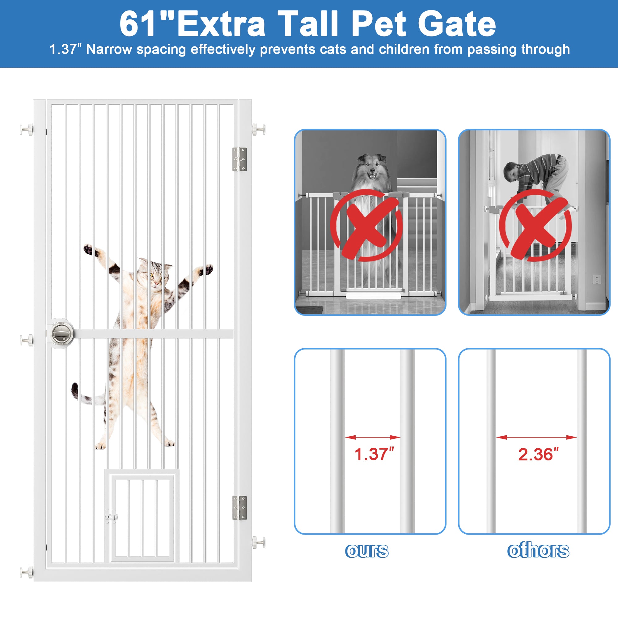 Extra Tall Pet Gate for Doorway, Adjustable Pressure Mounted Pet Gate with Door