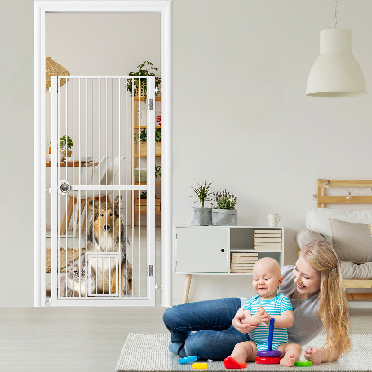 Extra Tall Pet Gate for Doorway, Adjustable Pressure Mounted Pet Gate with Door