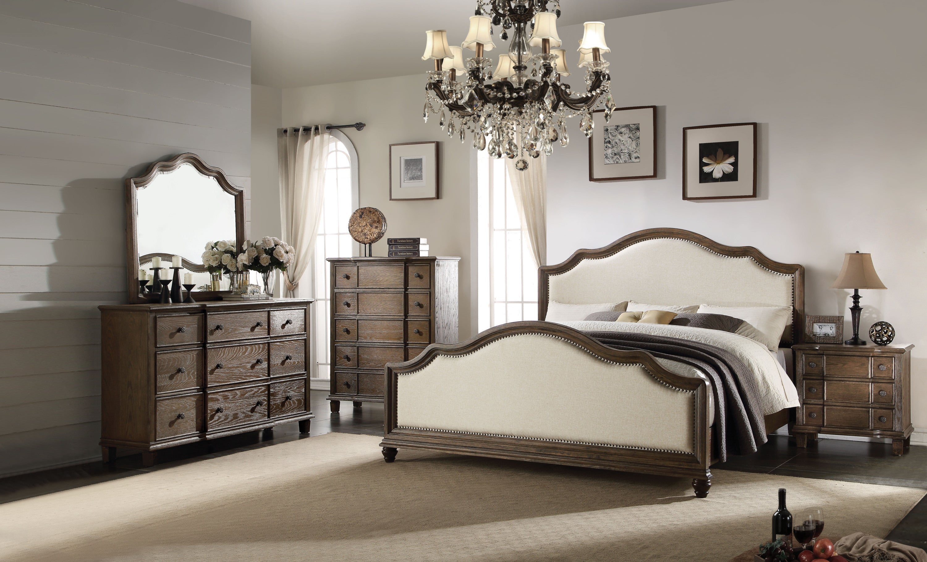 Baudouin Queen Bed in Beige Linen & Weathered Oak 26110Q