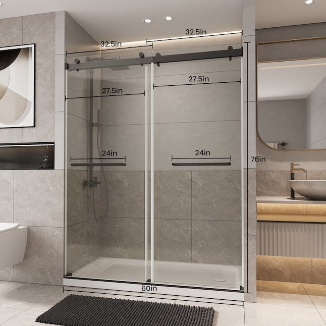 56 to 60in W x 76in H Frameless Shower Door Double Sliding Shower Door with Premium 6mm Thick Tempered Glass Stainless