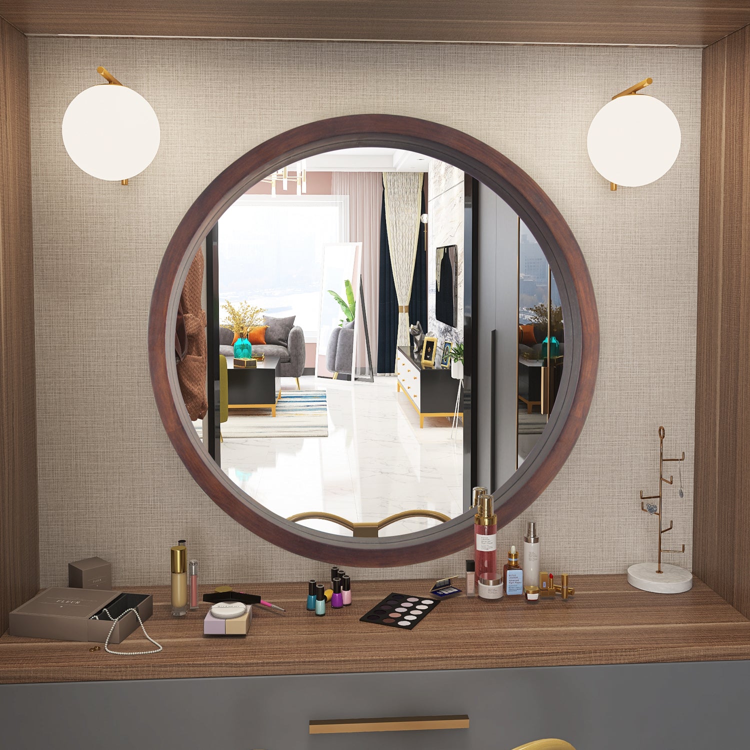 Circle Mirror with Wood Frame, Round Modern Decoration Large Mirror for Bathroom Living Room Bedroom Entryway, Walnut Brown, 24"