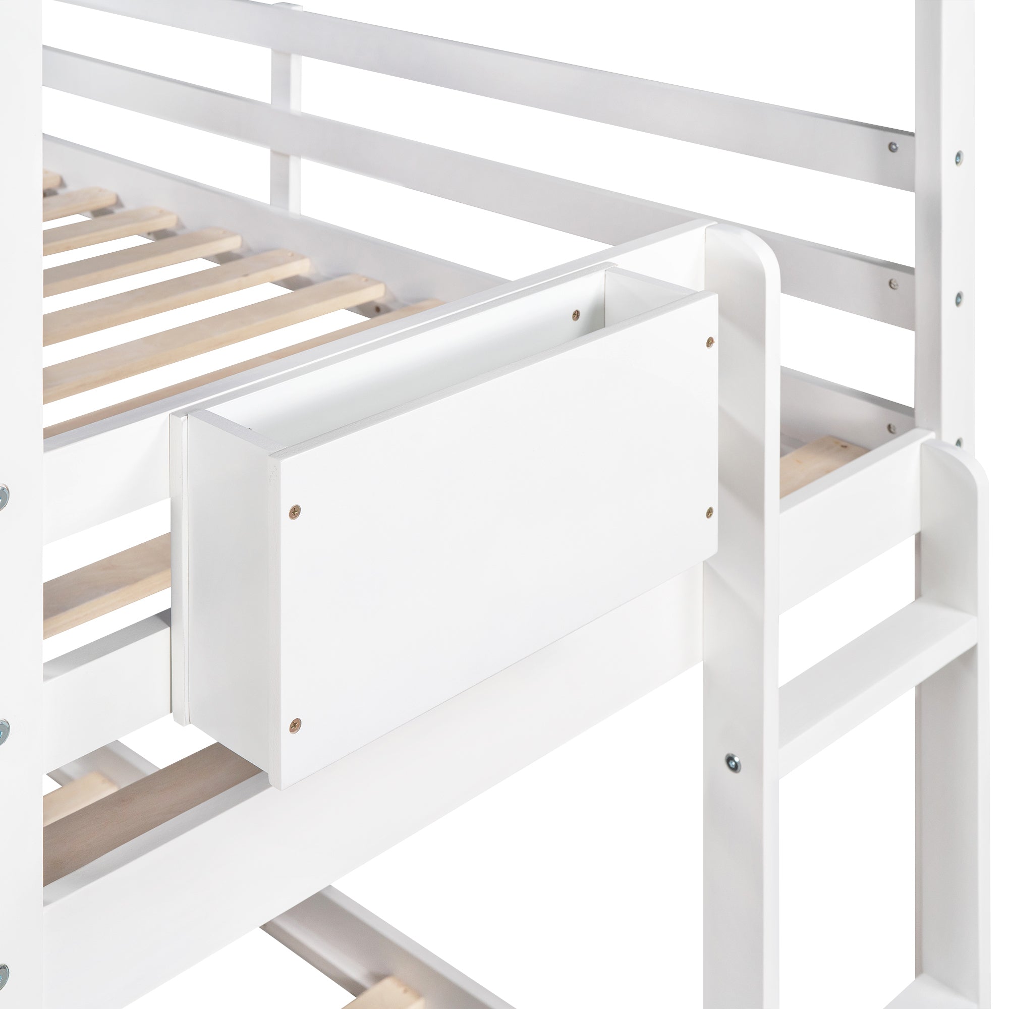 Twin over Twin House Bunk Bed with Blue Tent, Slide, Shelves and Blackboard, White