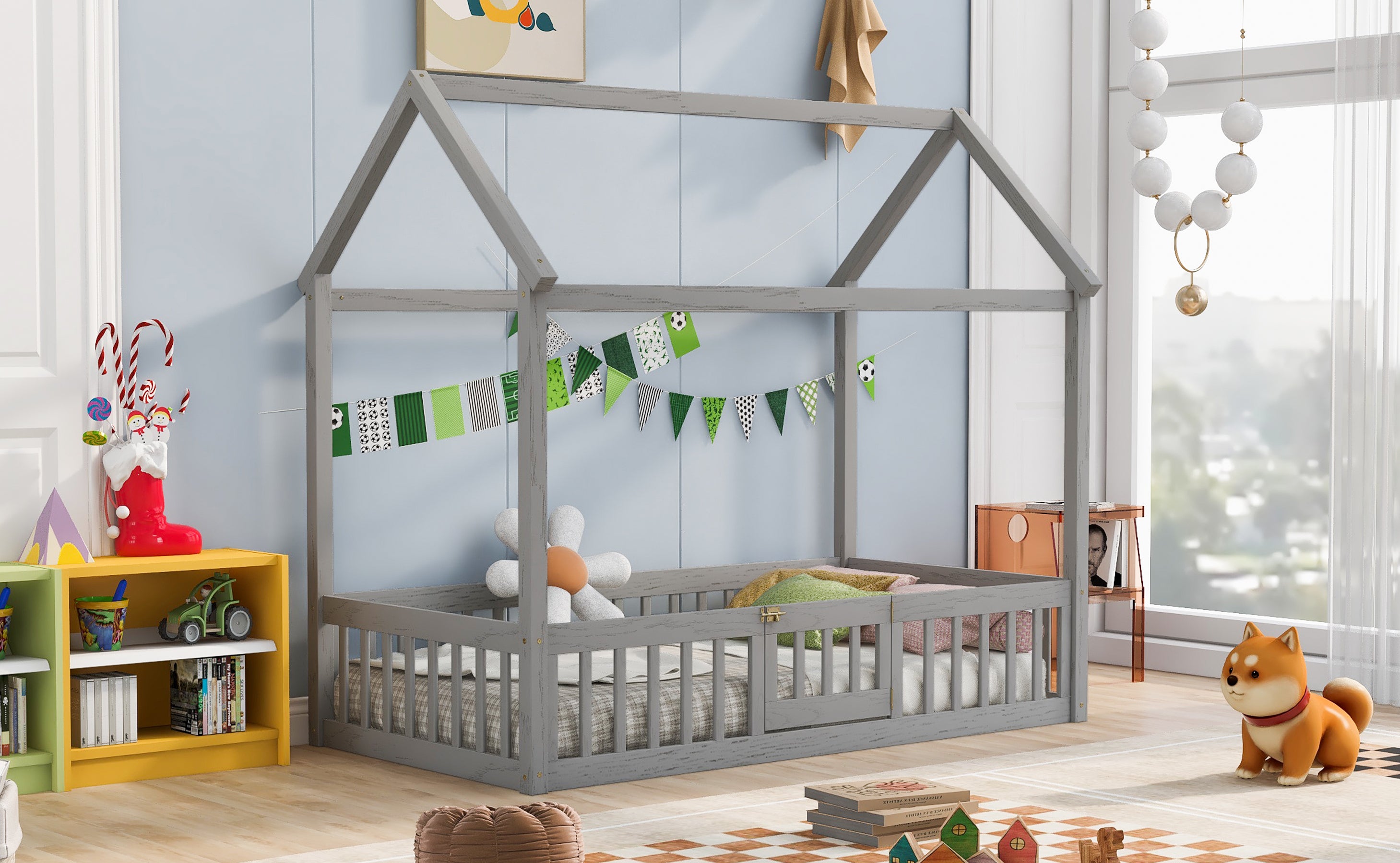 Twin Size Wood House Bed with Fence and Door, Gray Wash