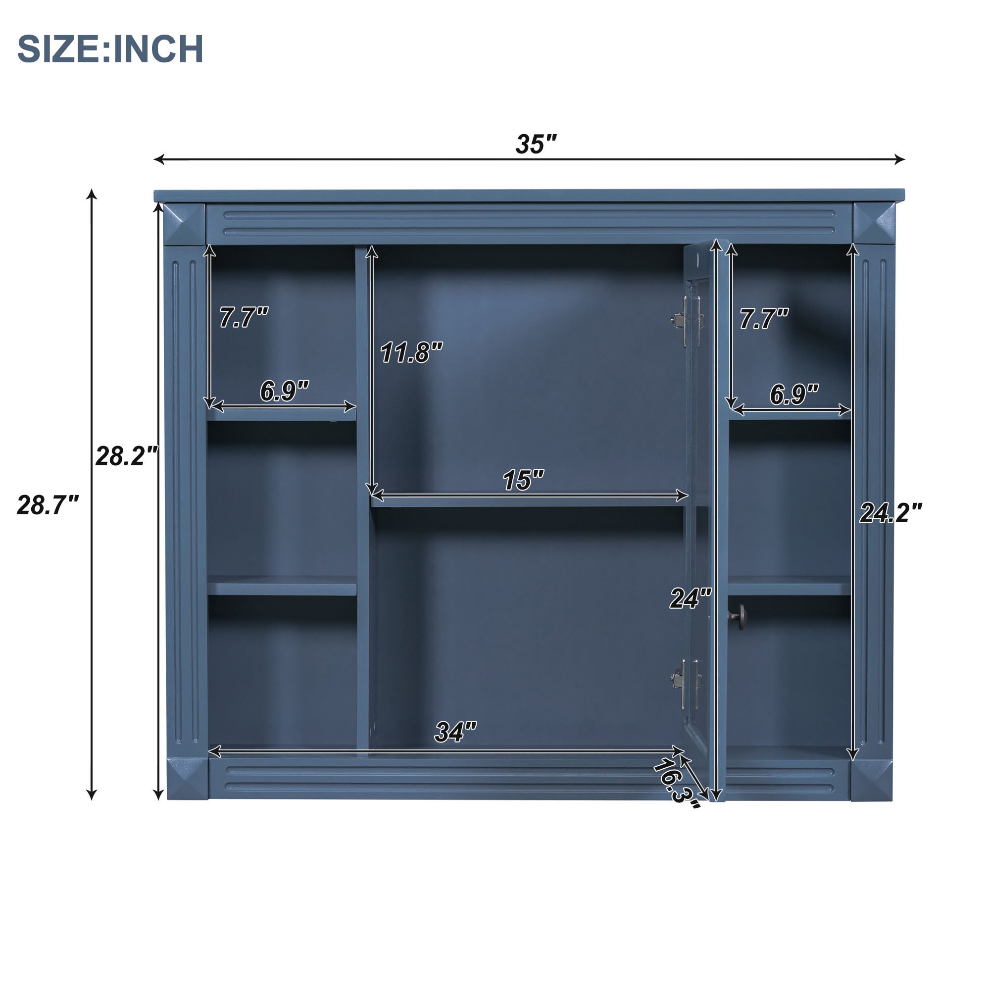 35'' x 28'' Royal Blue Wall Mounted Bathroom Storage Cabinet, Modern Bathroom Wall Cabinet with Mirror, Mirror Cabinet with 6 Open Shelves