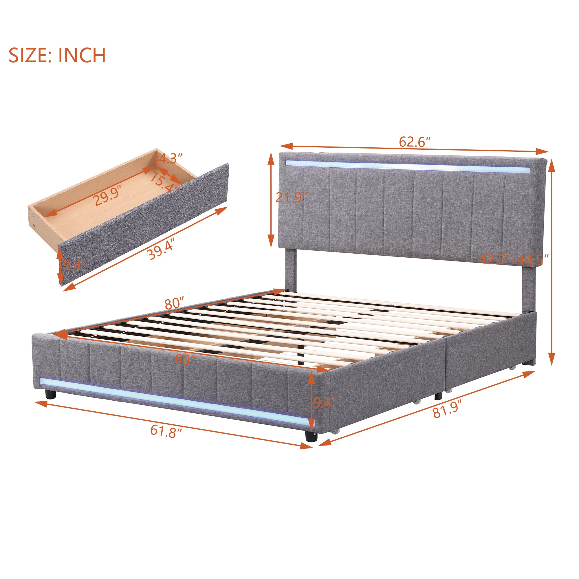 Queen Size Upholstered Bed with LED Light and 4 Drawers,  Modern Platform Bed with a set of Sockets and USB Ports, Linen Fabric, Beige