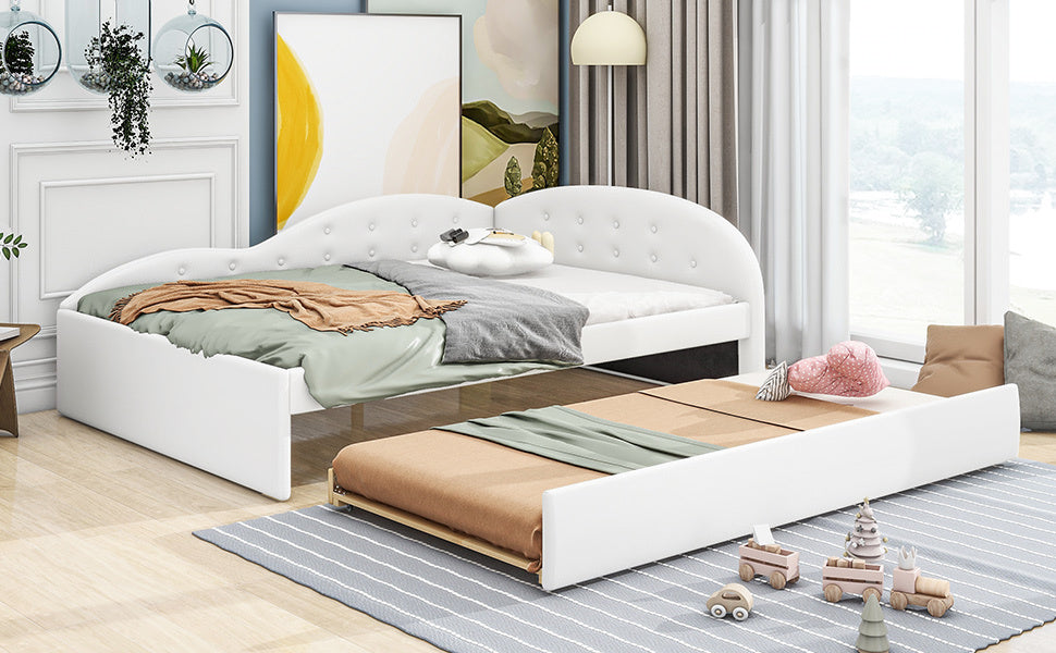 Full Size PU Upholstered Tufted Daybed with Trundle and Cloud Shaped Guardrail, White