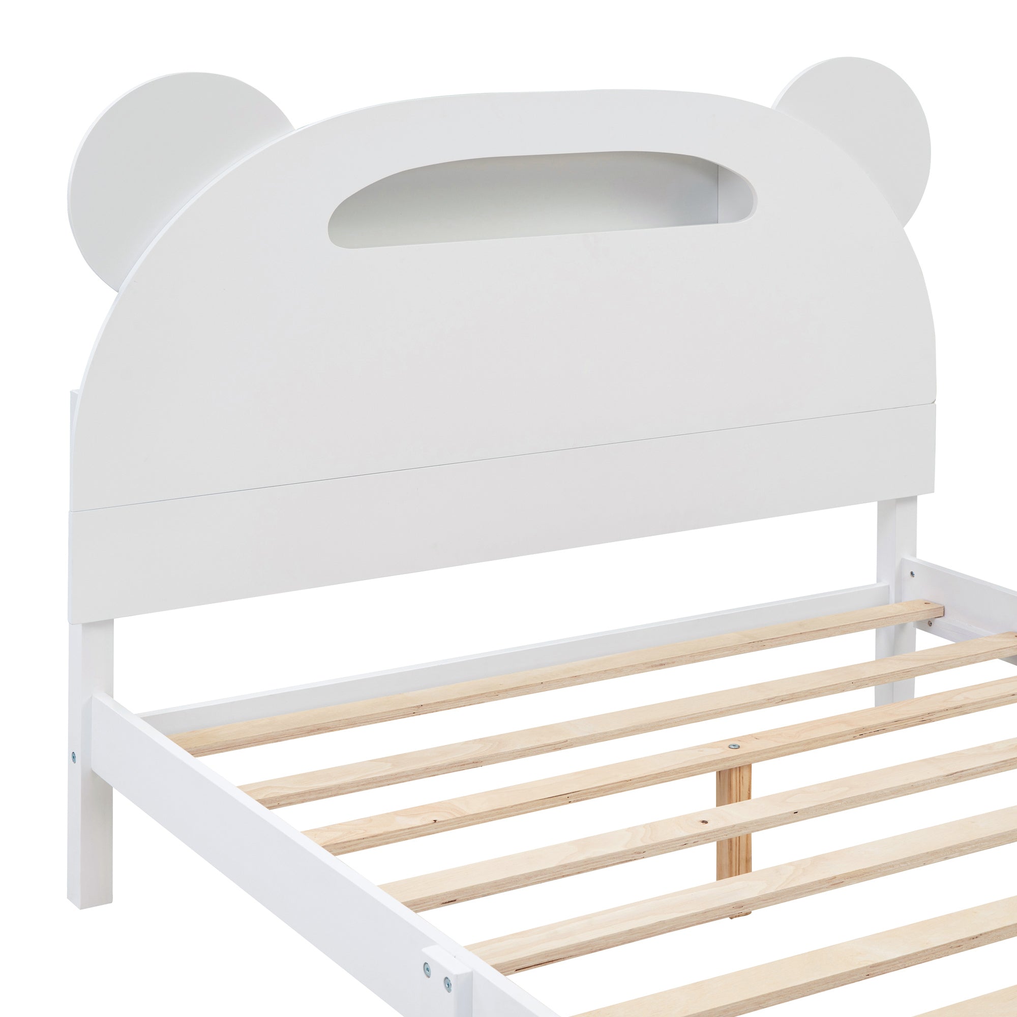 Full Size Wood Platform Bed with Bear-shaped Headboard,Bed with Motion Activated Night Lights,White