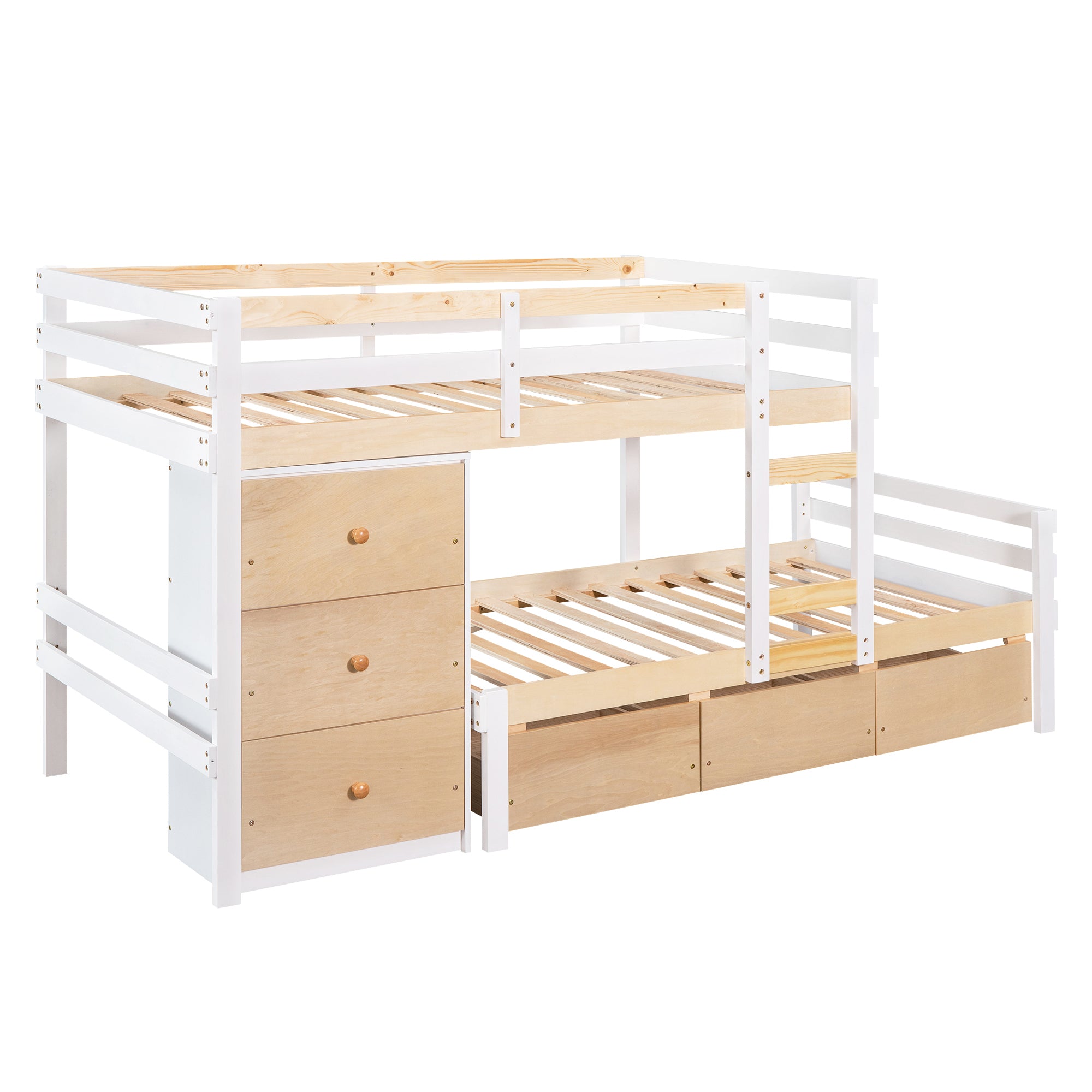 Twin over Twin Loft Bunk Bed with Drawers and Ladder, Natural