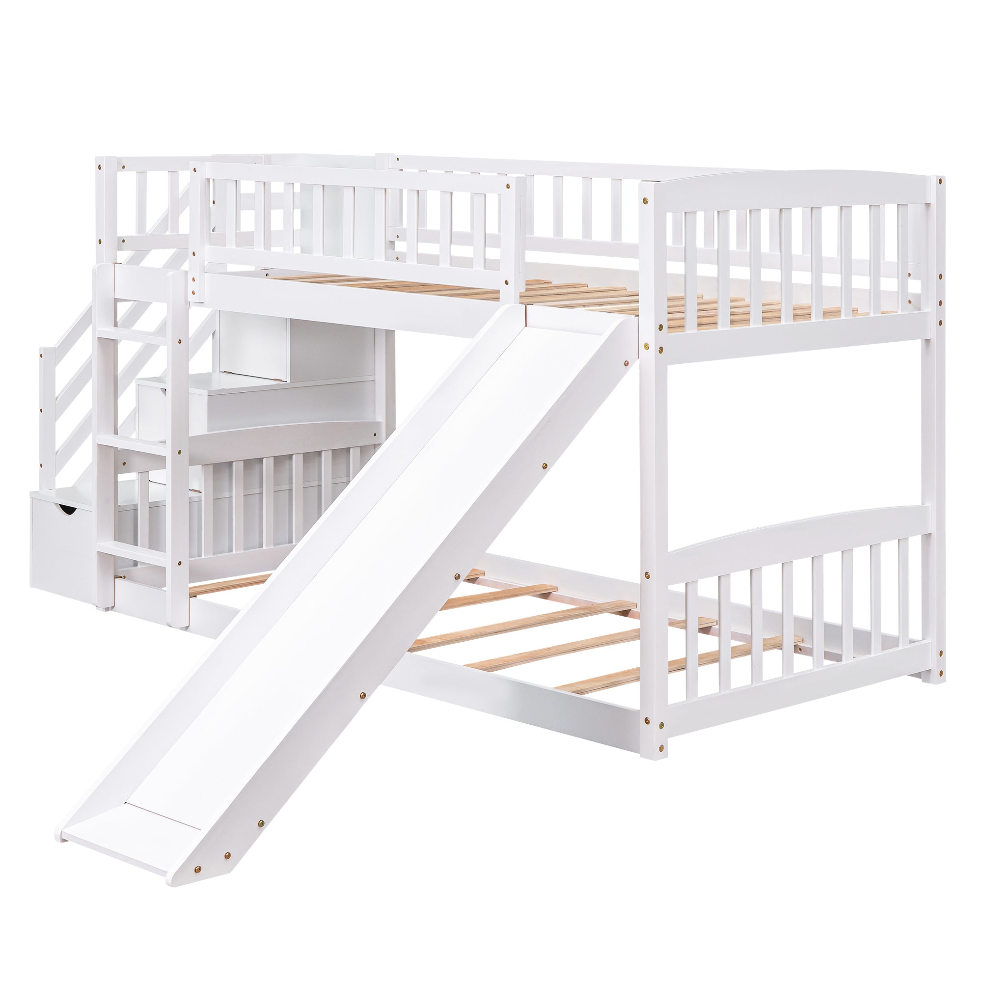 Stairway Twin over Twin Bunk Bed with Two Drawers and Slide, White(OLD SKU :LT000155AAK)