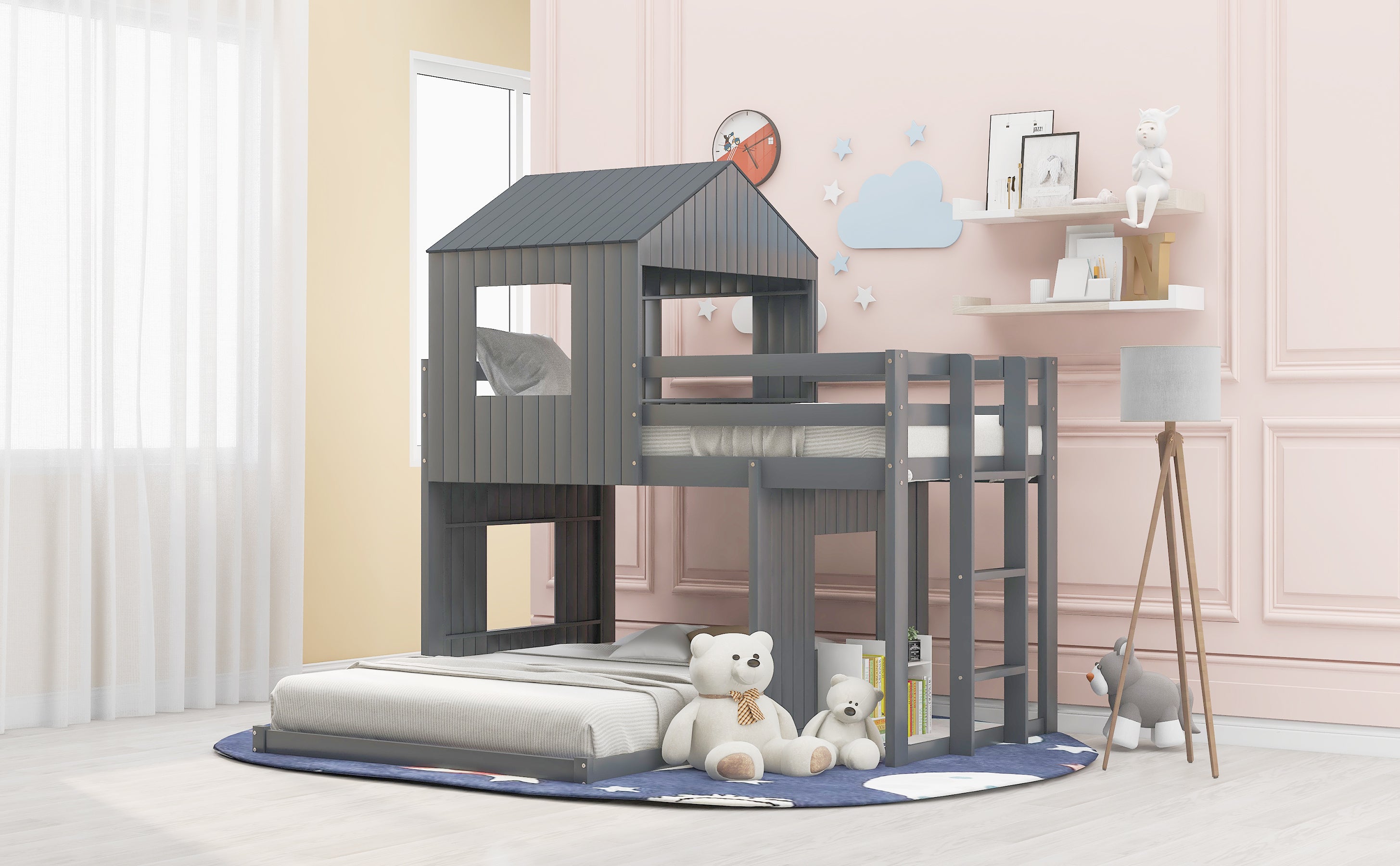 Wooden Twin Over Full Bunk Bed, Loft Bed with Playhouse, Farmhouse, Ladder and Guardrails , Gray( old sku: LT000027AAN )