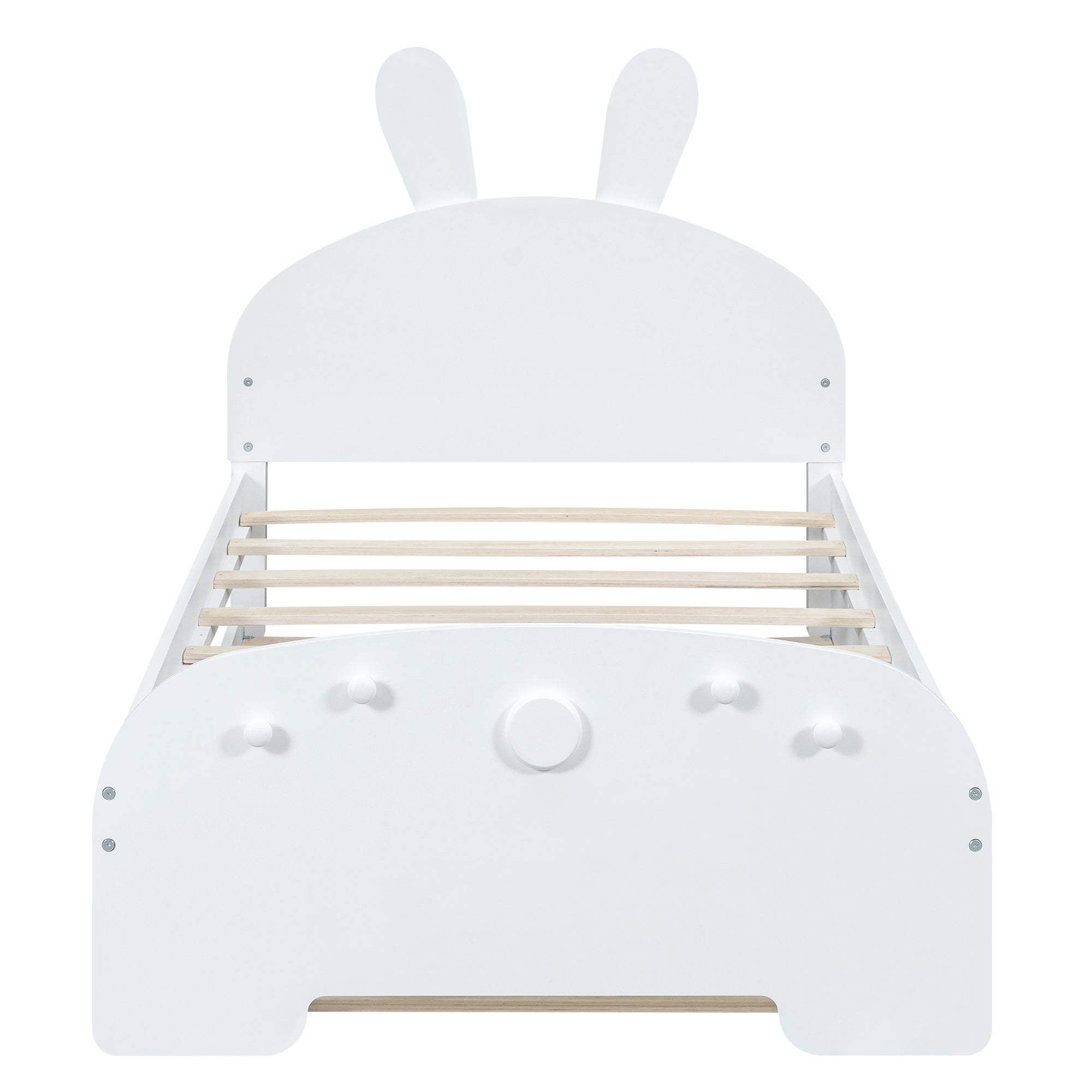 Wood Twin Size Platform Bed with Cartoon Ears Shaped Headboard and Trundle, White