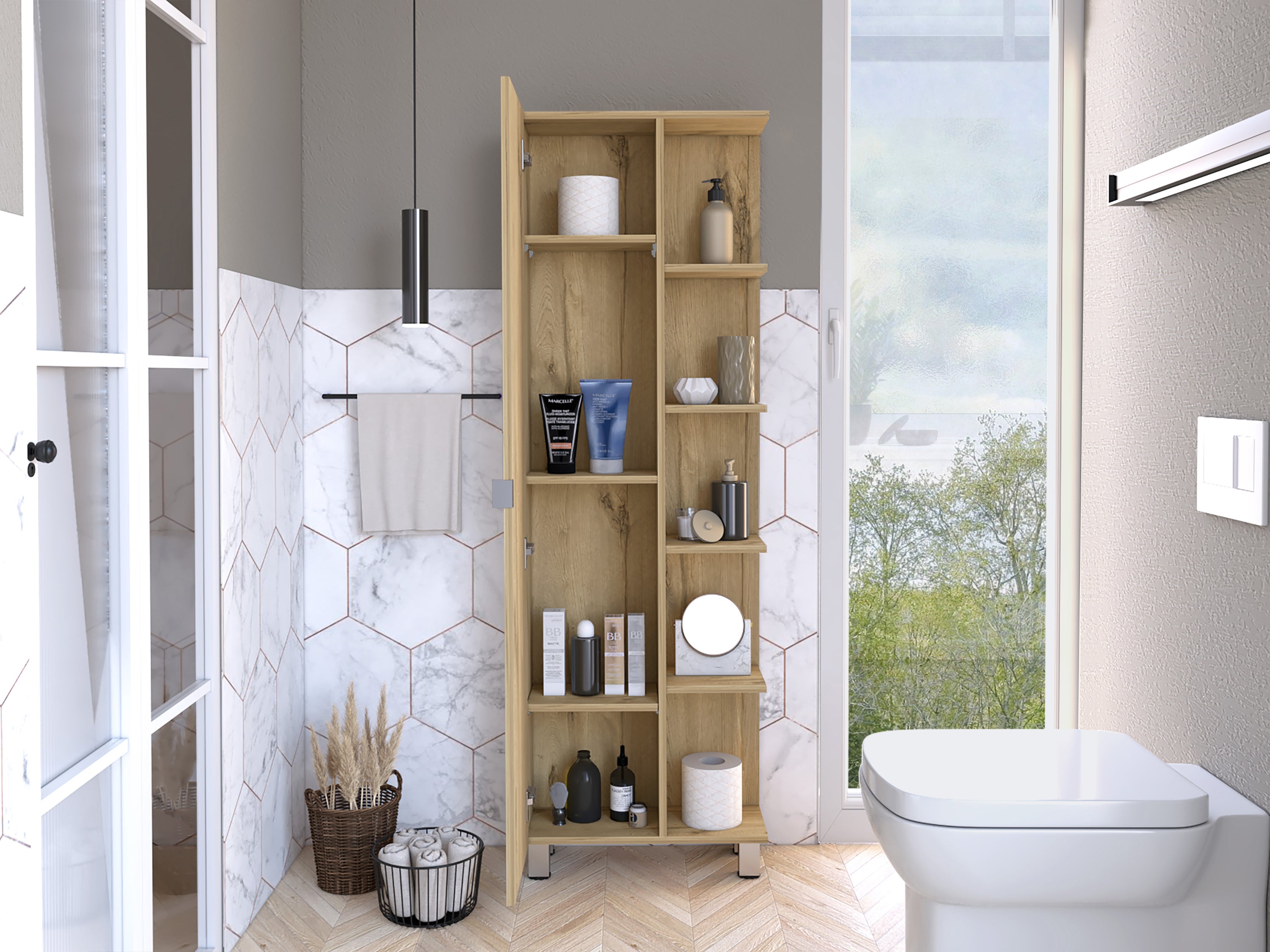 Urano Mirror Linen Cabinet, Four Interior  Shelves, Five External Shelves -Light Oak