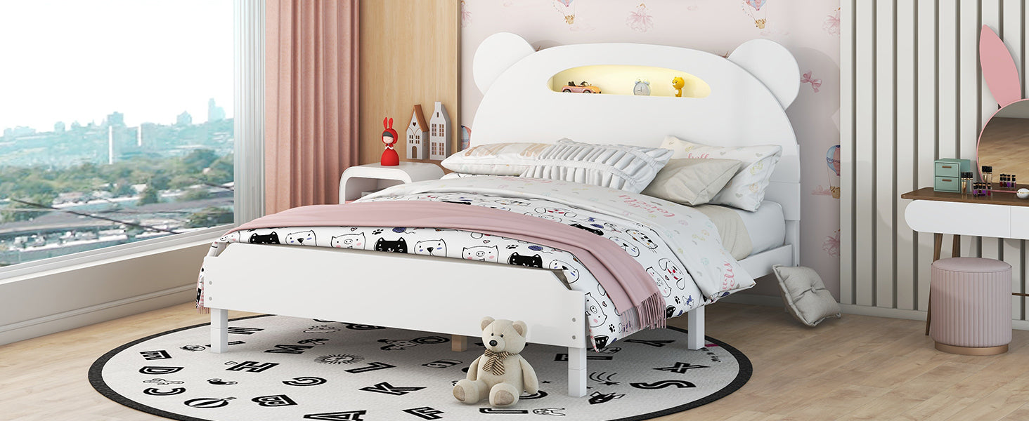 Full Size Wood Platform Bed with Bear-shaped Headboard,Bed with Motion Activated Night Lights,White