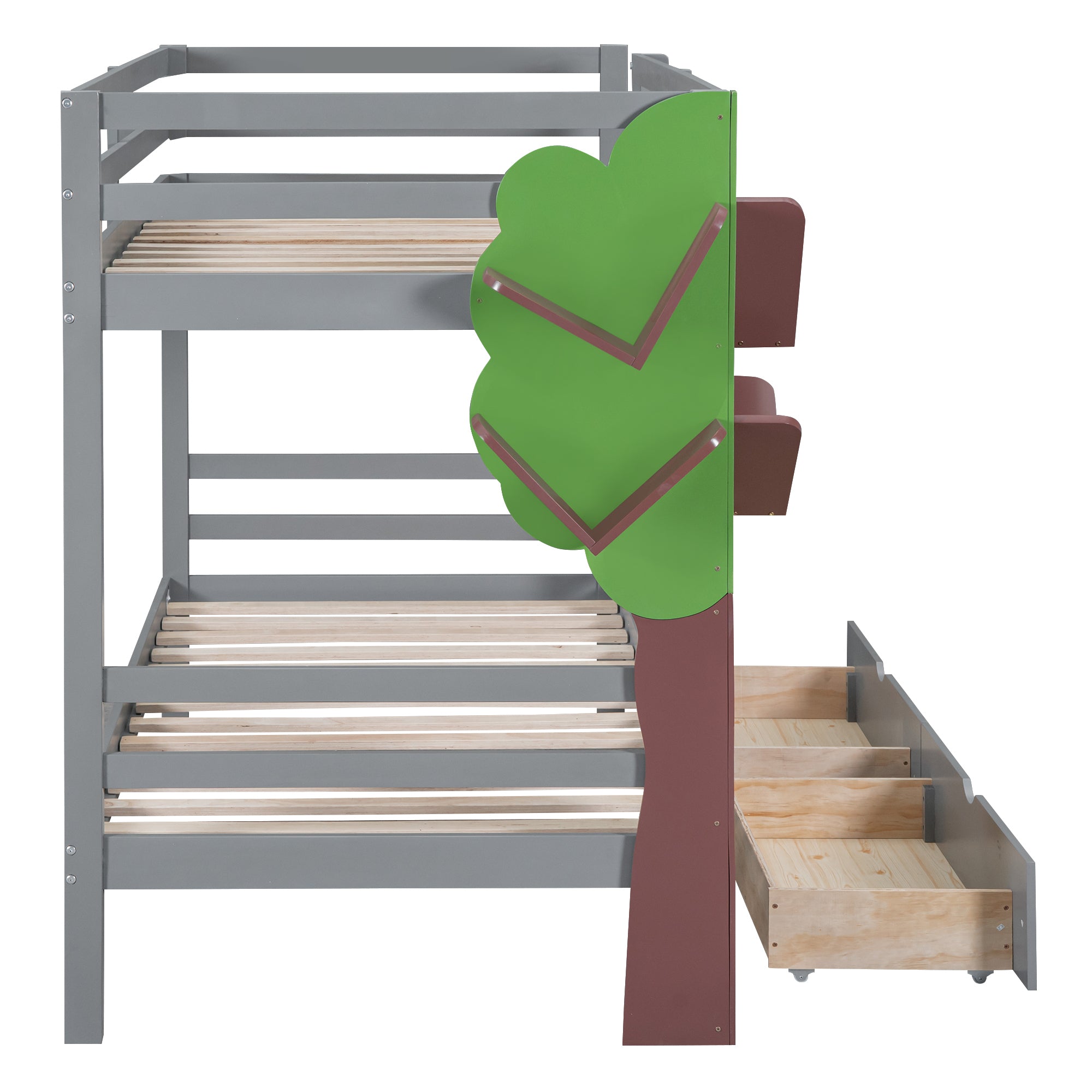 Twin-Over-Twin Bunk Bed with  a Tree Decor and Two Storage Drawers, Gray