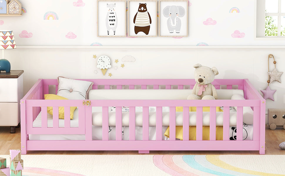 Full Size Bed Floor Bed with Safety Guardrails and Door for Kids, Pink (Expect Arrival Date Nov.2nd)