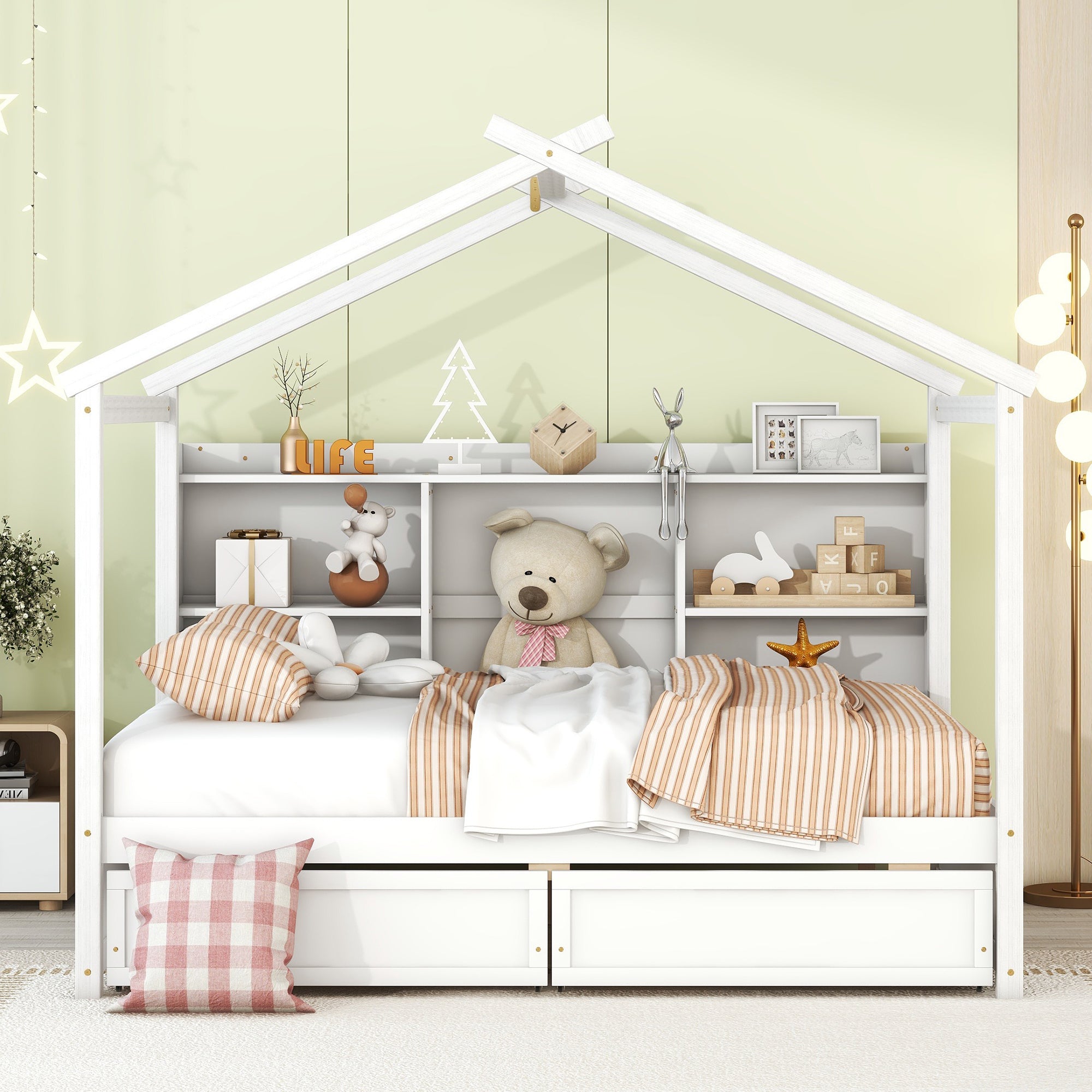 Full Size House Bed with Storage Shelves and 2 Drawers, Brushed White