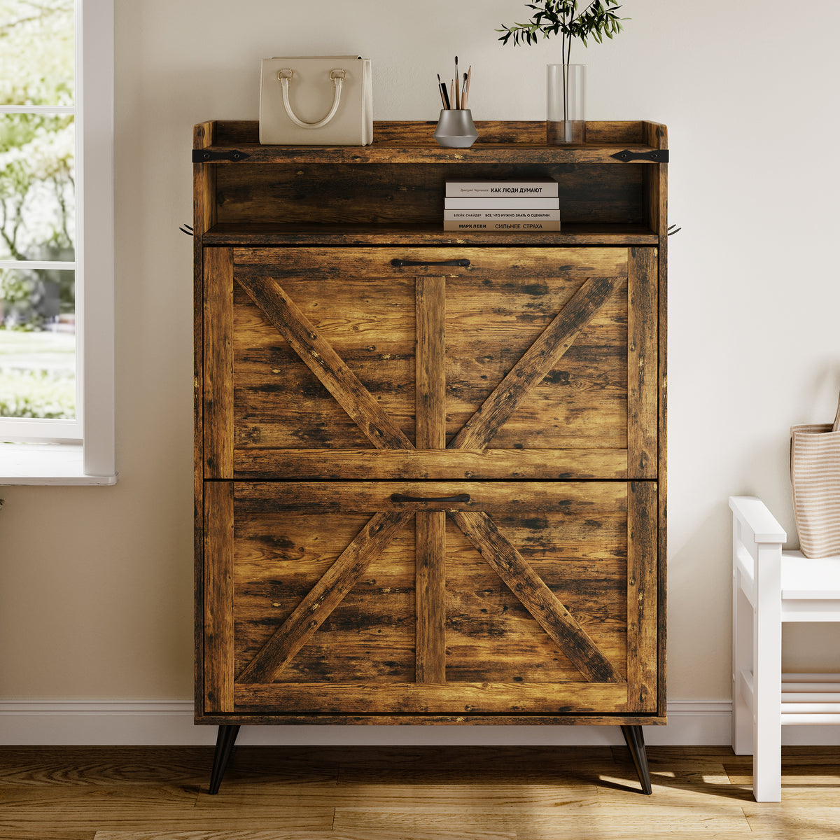 Farmhouse Shoe Rack, Freestanding Shoe Cabinet with 2 Flip Drawers for Entryway