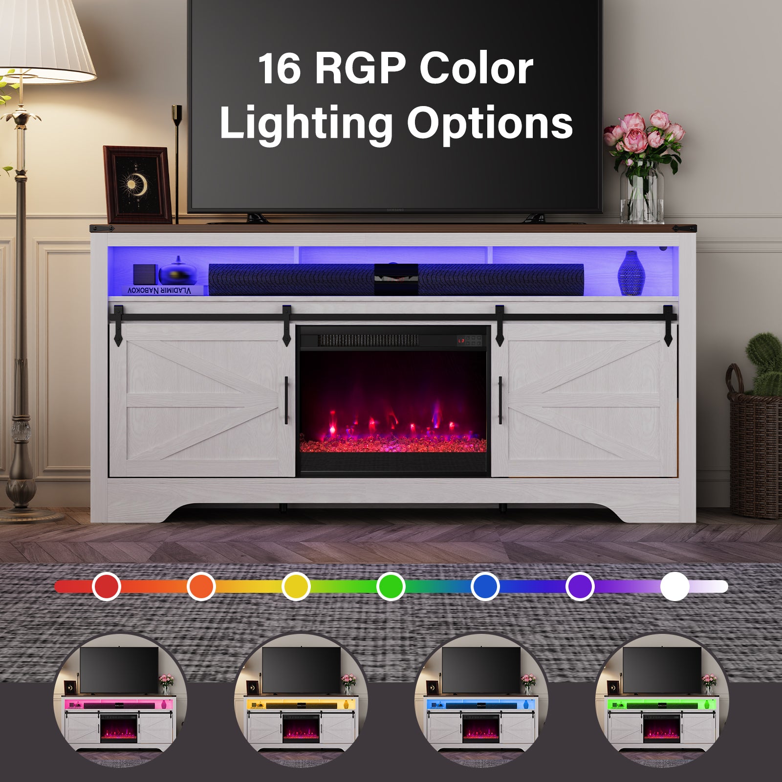 70 in. Freestanding Electric Fireplace TV Stand in white with 16-RBG Color Lights for TVs up to 80 in.