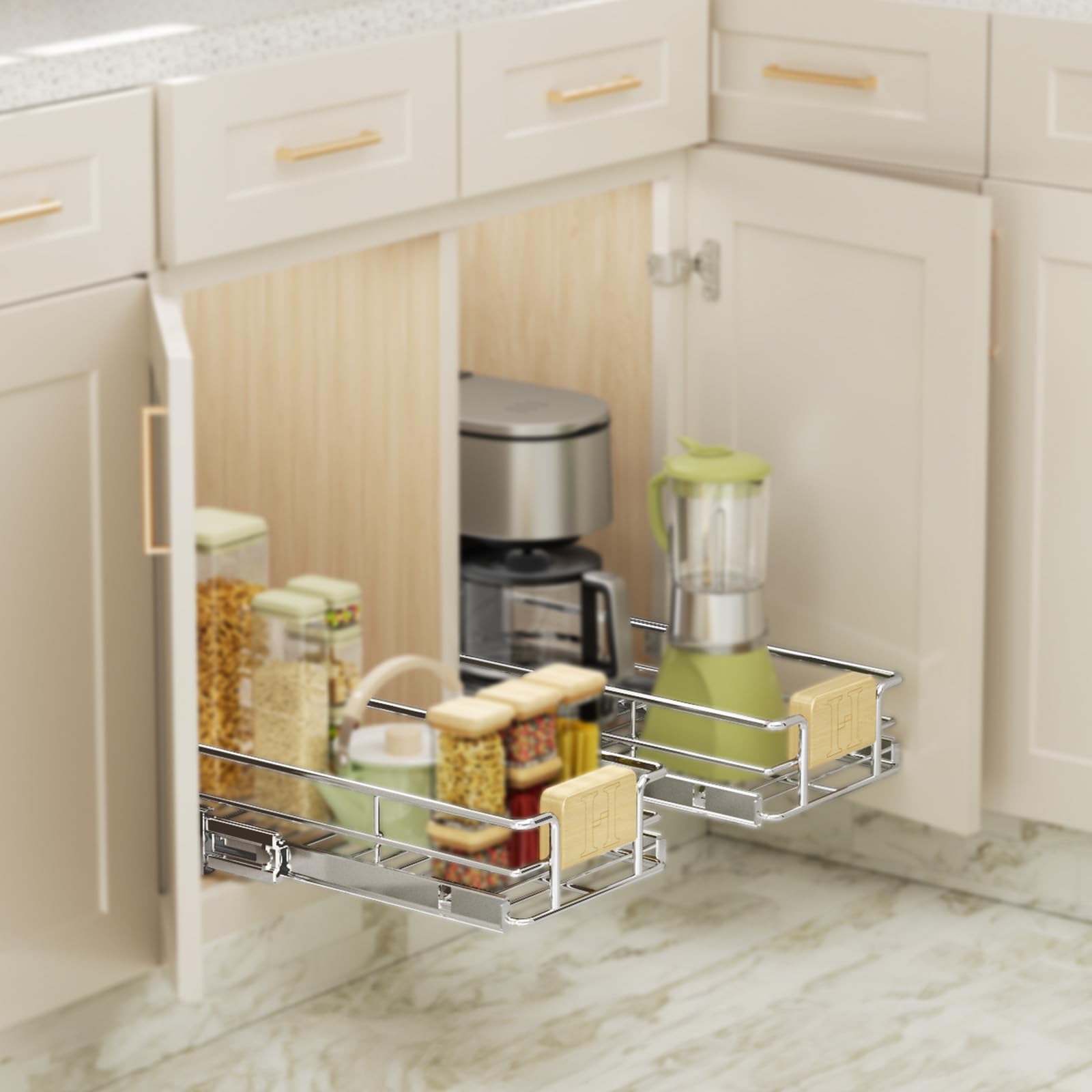 ROOMTEC Pull Out Cabinet Organizer for Narrow Cabinet (5 WX 21 D),  Kitchen Cabinet Organizer and Storage 2-Tier Cabinet Pull Out Shelves Under