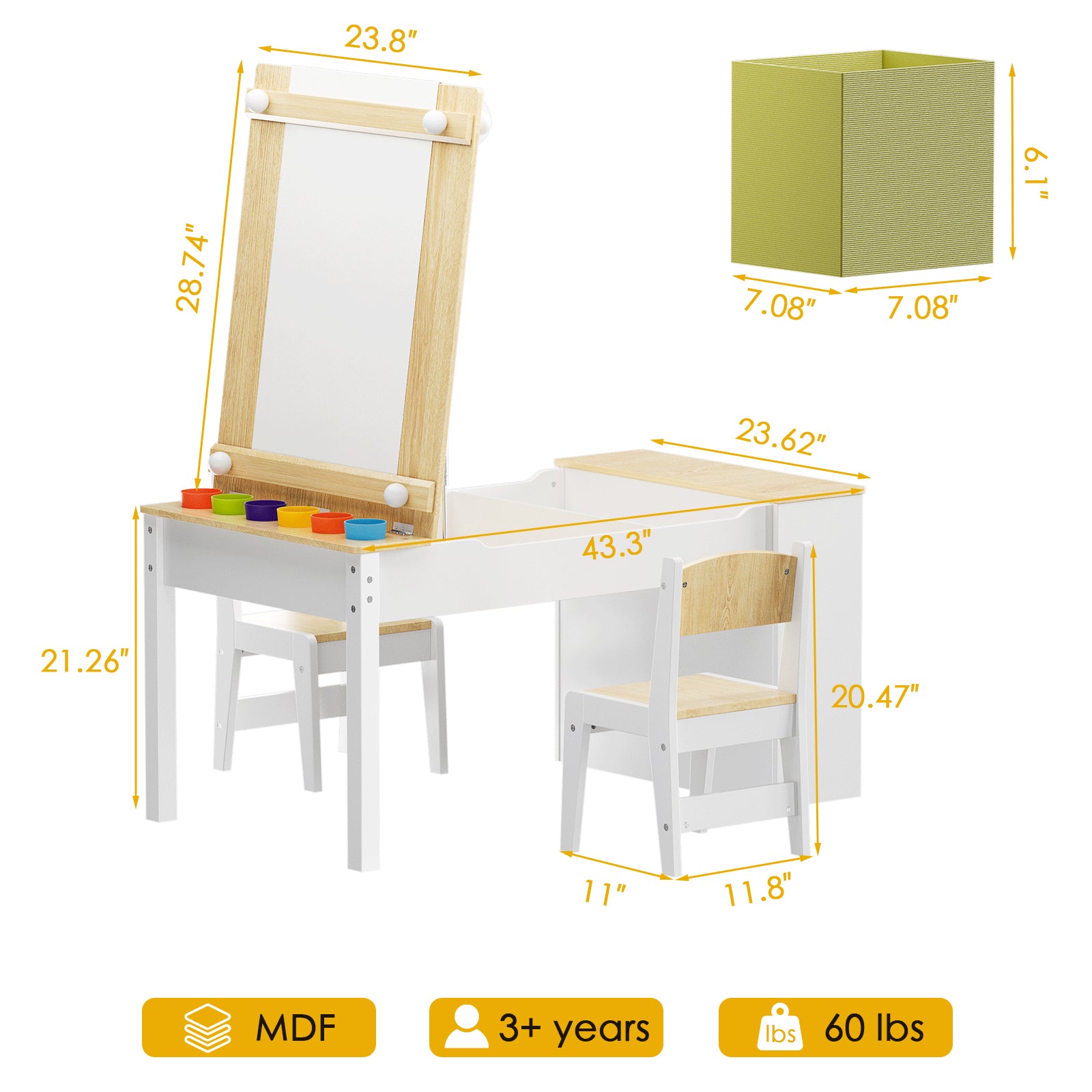 3-in-1 Wooden MDF Kids Art Table Set