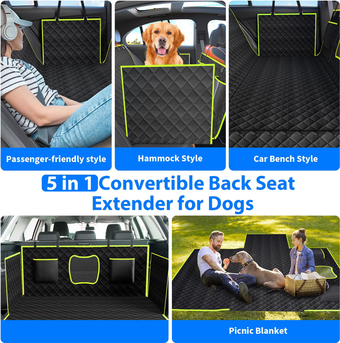Waterproof Hammock Dog Car Back Seat Cover, Green