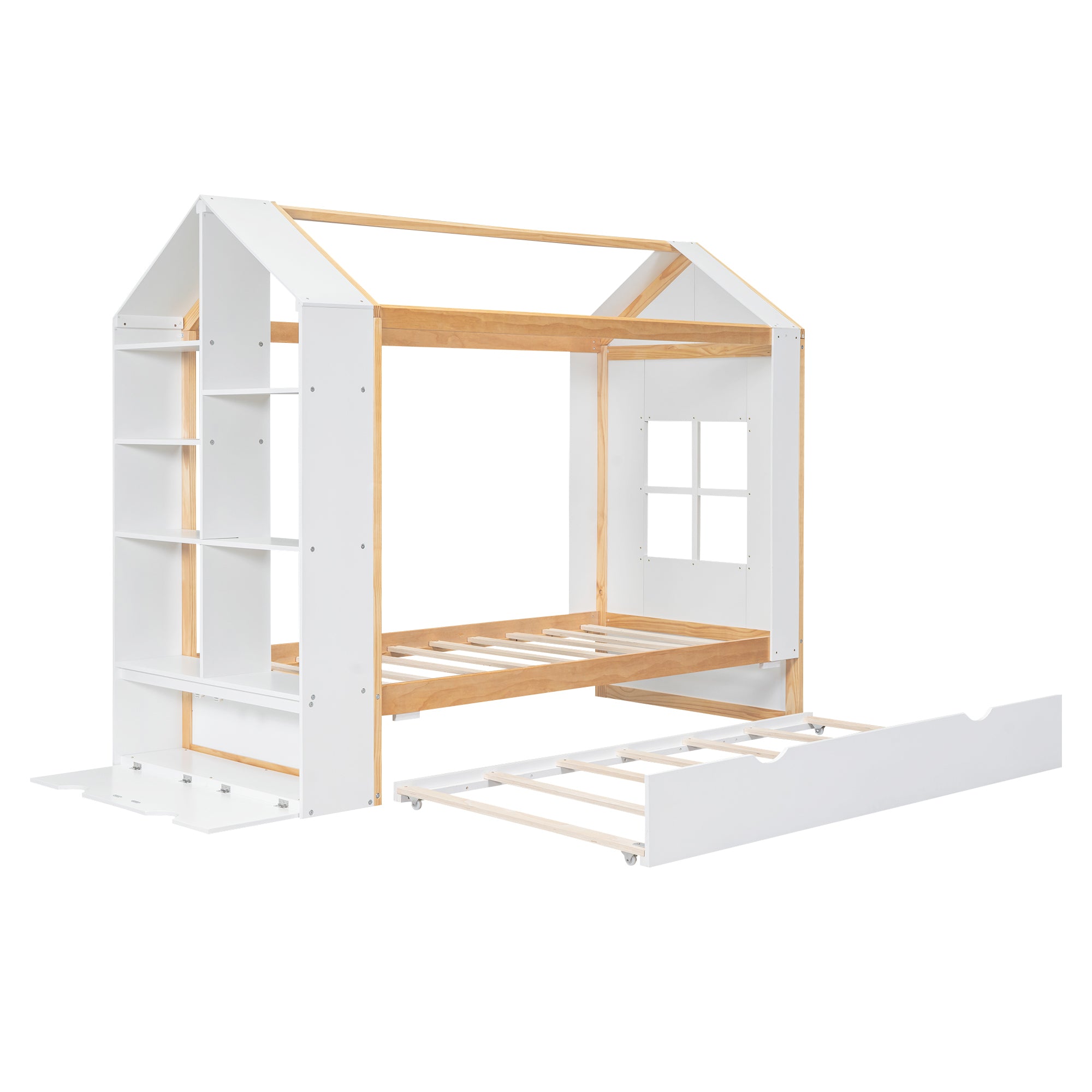 Twin Size House Platform Bed with Storage Shelves and Twin Size Trundle, White