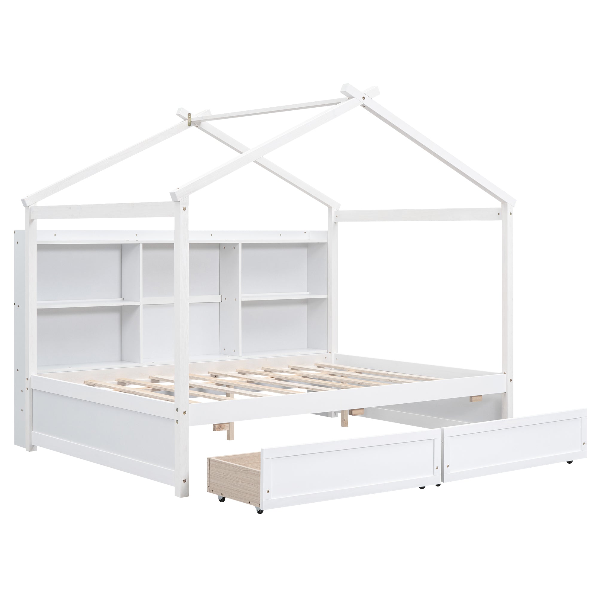 Full Size House Bed with Storage Shelves and 2 Drawers, Brushed White