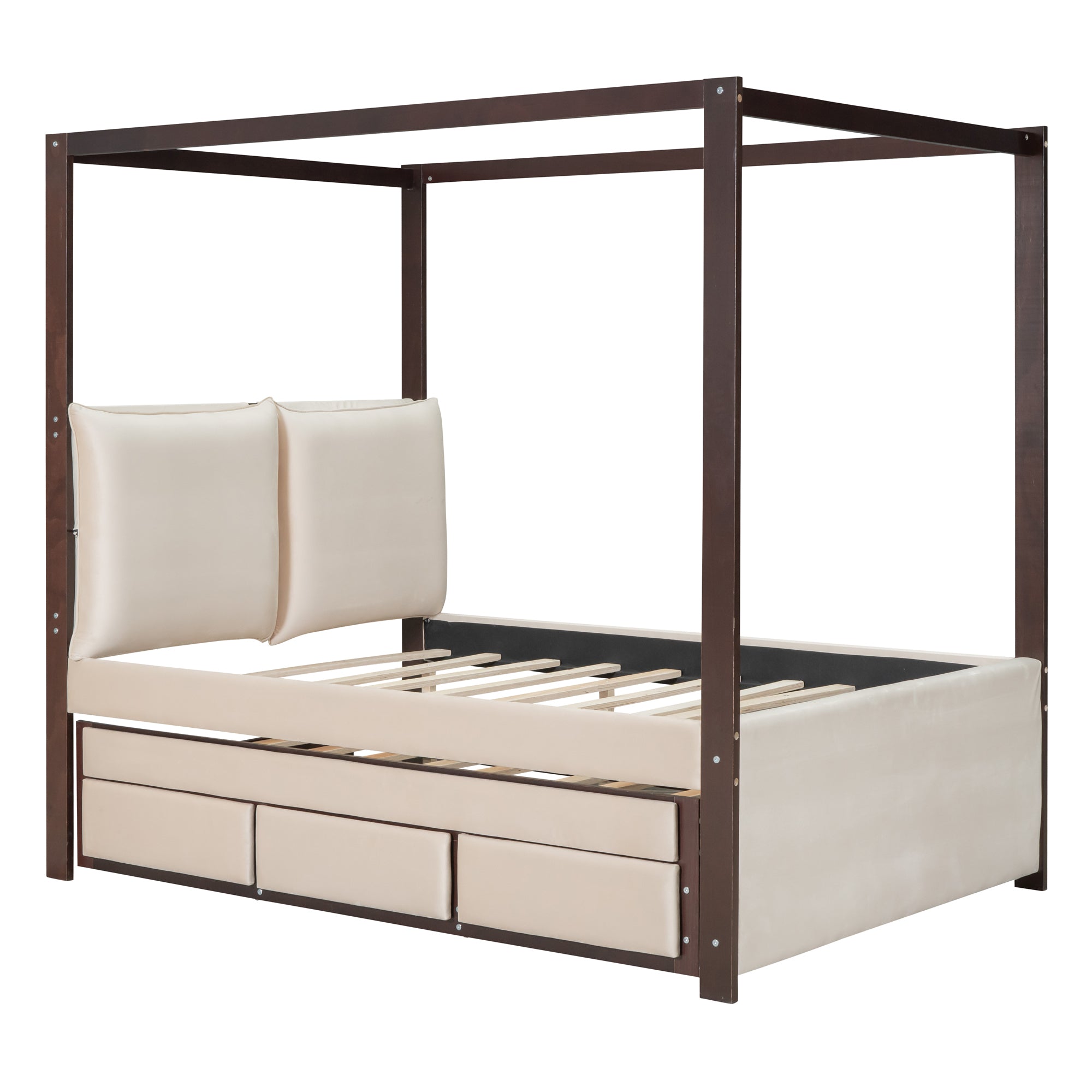 Full Size Upholstered  Canopy Bed with Trundle and 3 Drawers, Beige