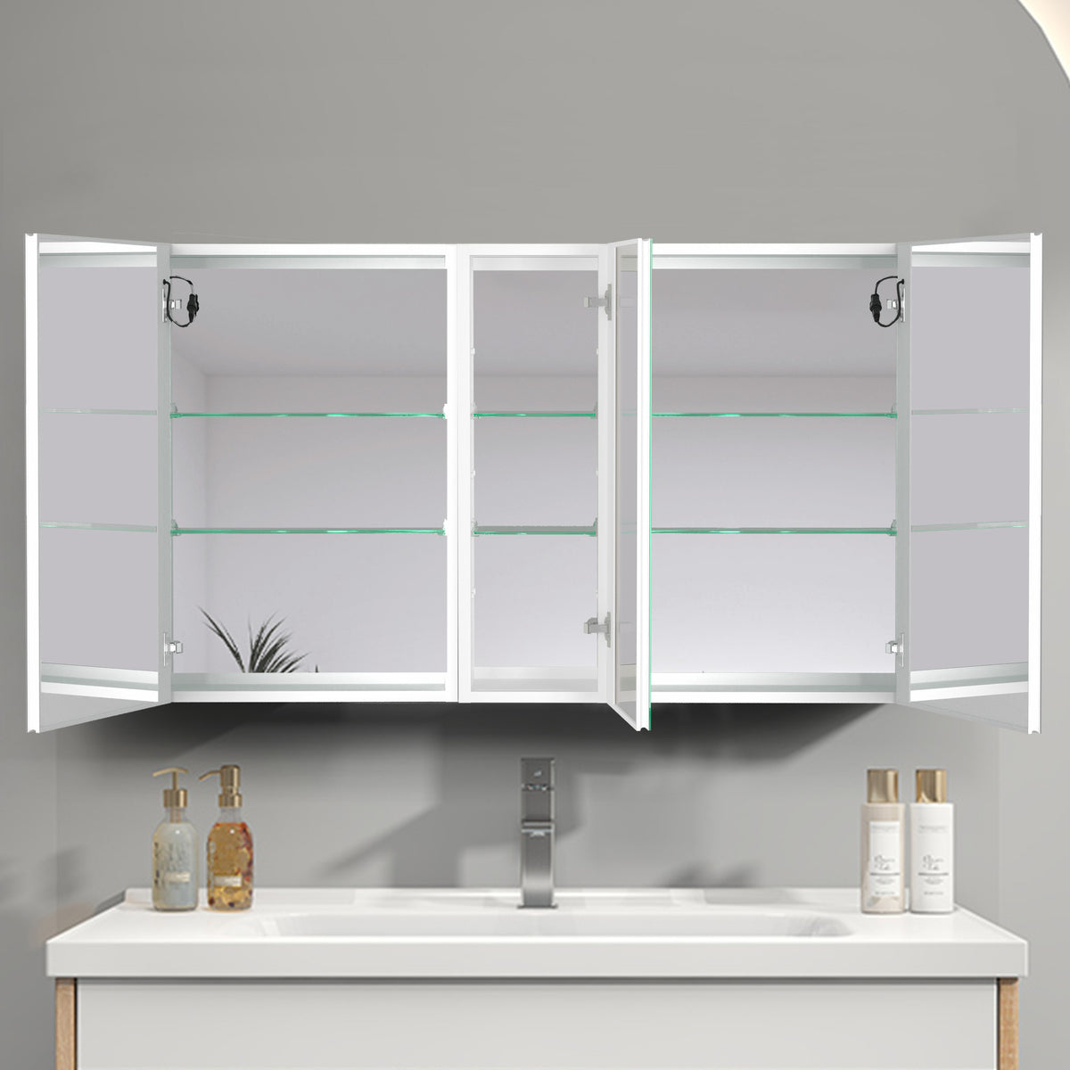 50x30 Inch LED Bathroom Medicine Cabinet Surface Mount Double Door Lighted Medicine Cabinet, Medicine Cabinets for Bathroom with Mirror Defogging, Dimmer White
