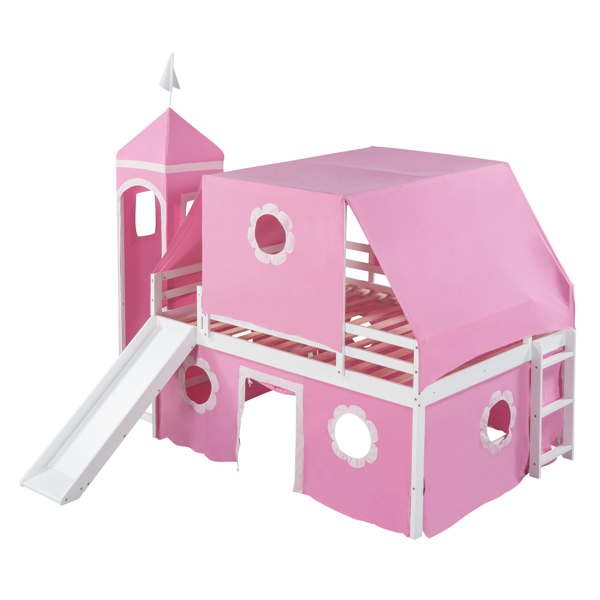 Full Size Bunk Bed with Slide Pink Tent and Tower - Pink
