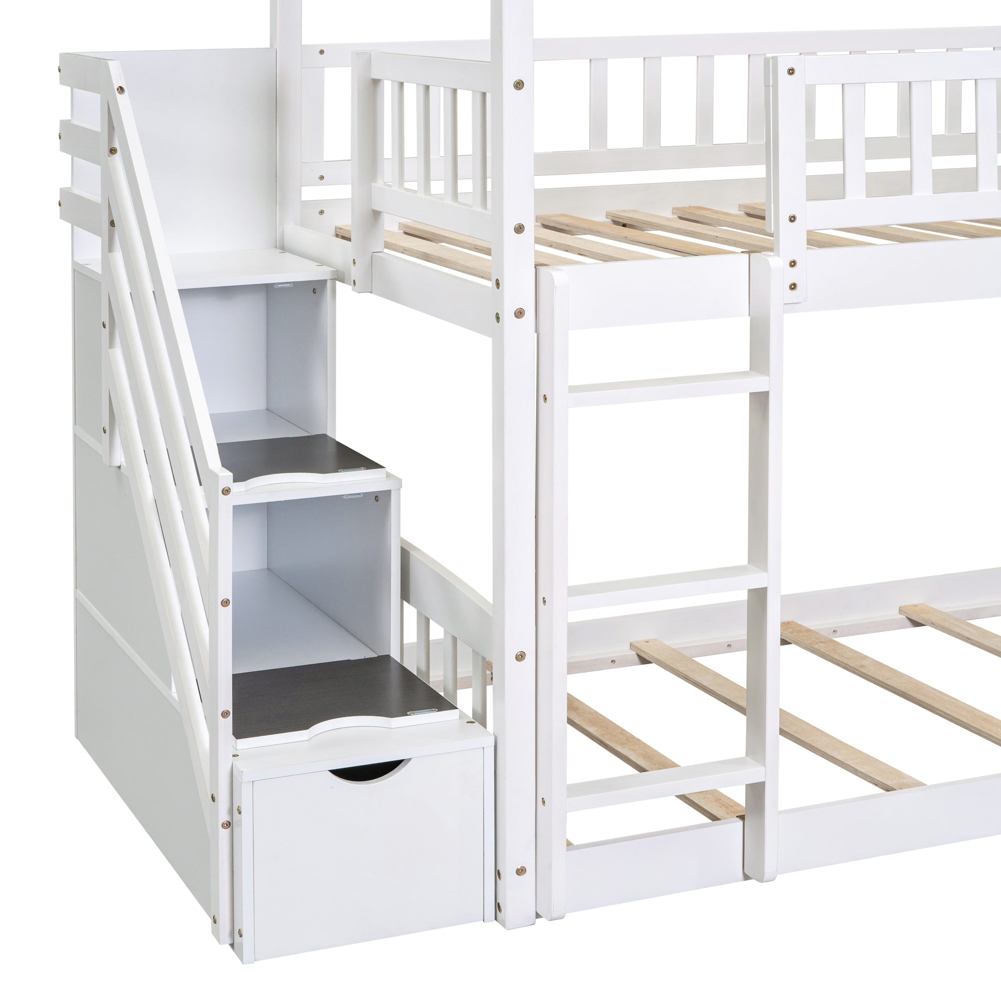 Twin Over Twin Bunk Bed with Drawers and Slide, House Bed with Slide,White(OLD SKU :LT000215AAK)