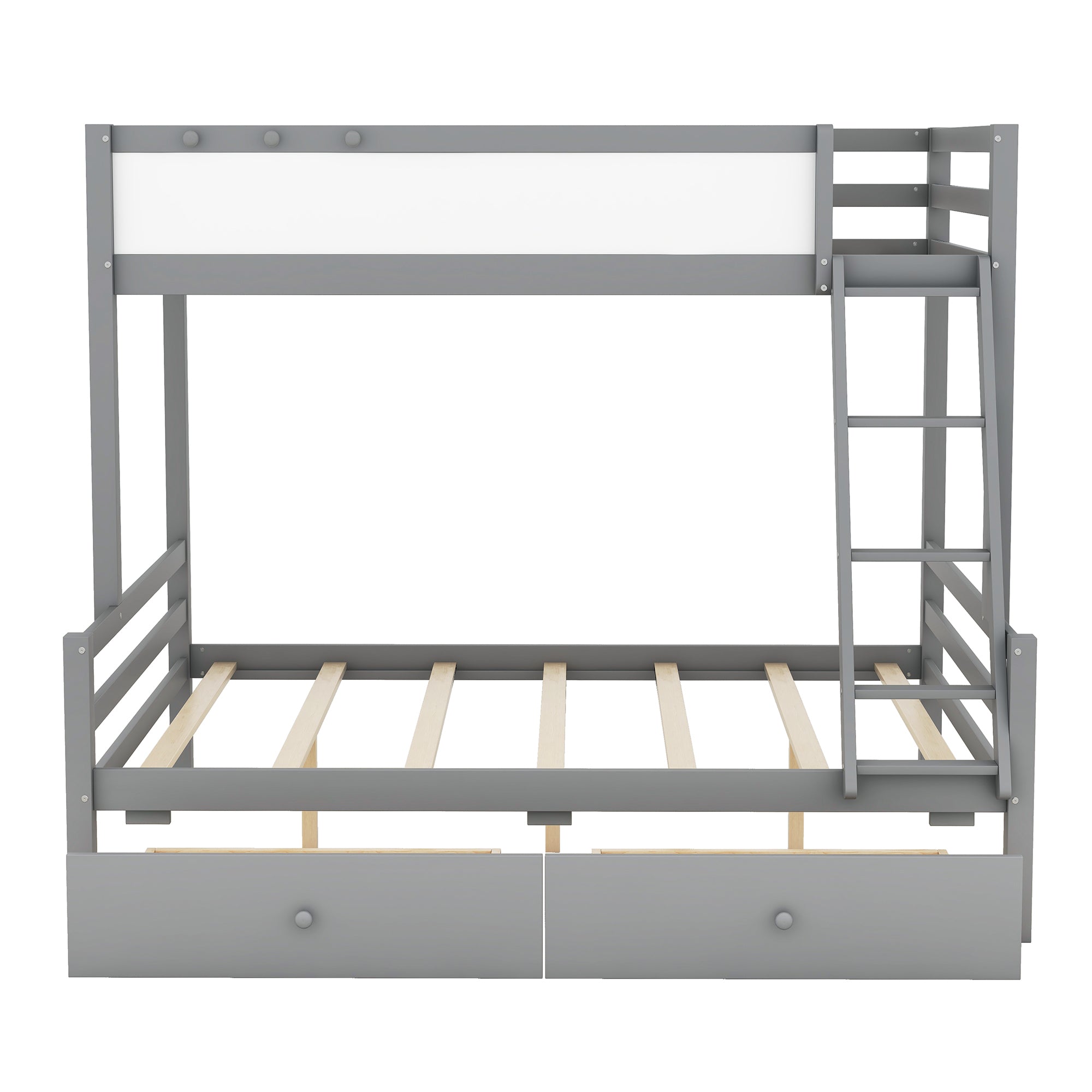 Wood Twin over Full Bunk Bed with Whiteboard, 3 Hooks and 2 Drawers, Grey