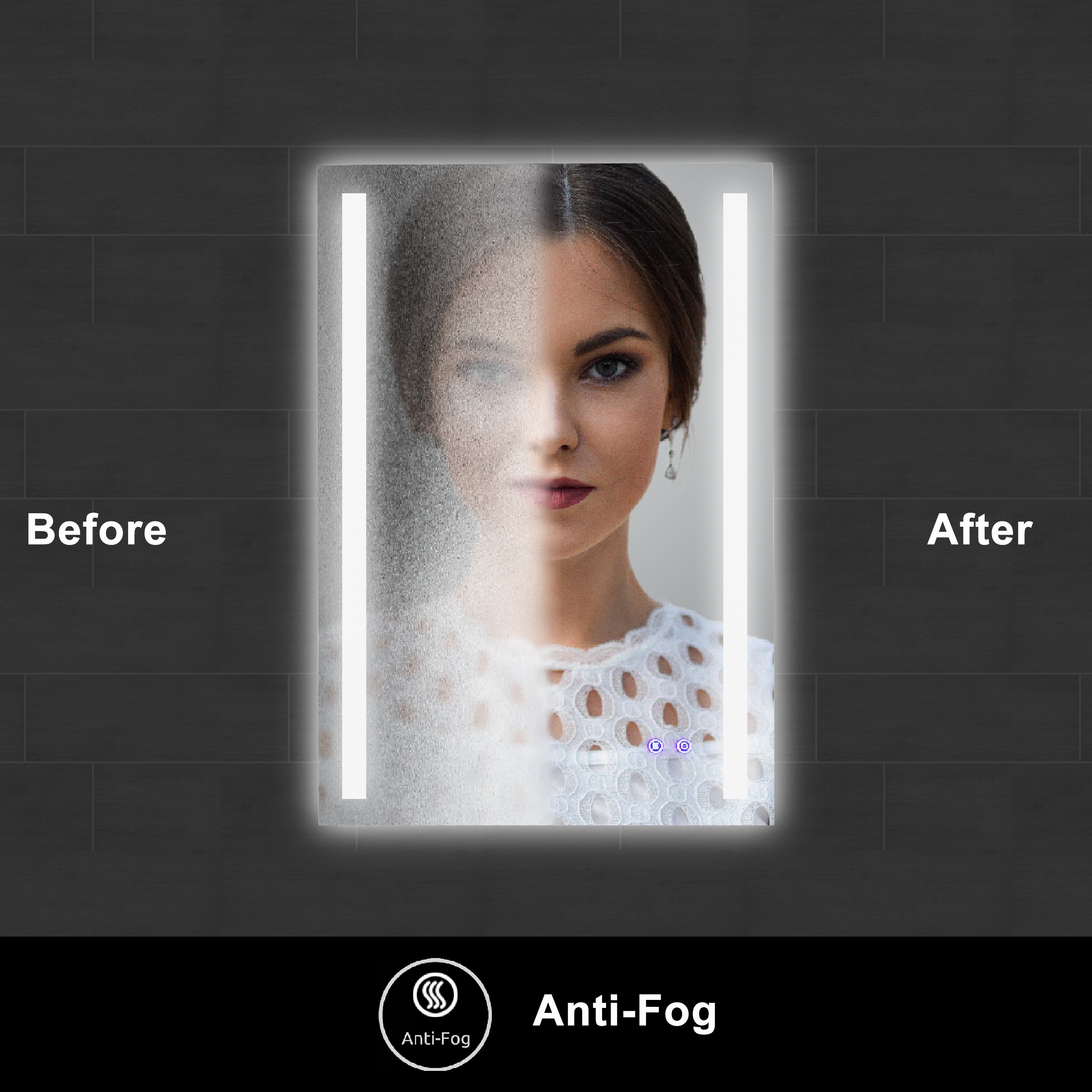 24 x 36 Inch Frameless LED Illuminated Bathroom Mirror, Touch Button Defogger, Metal, Vertical Stripes Design, Silver