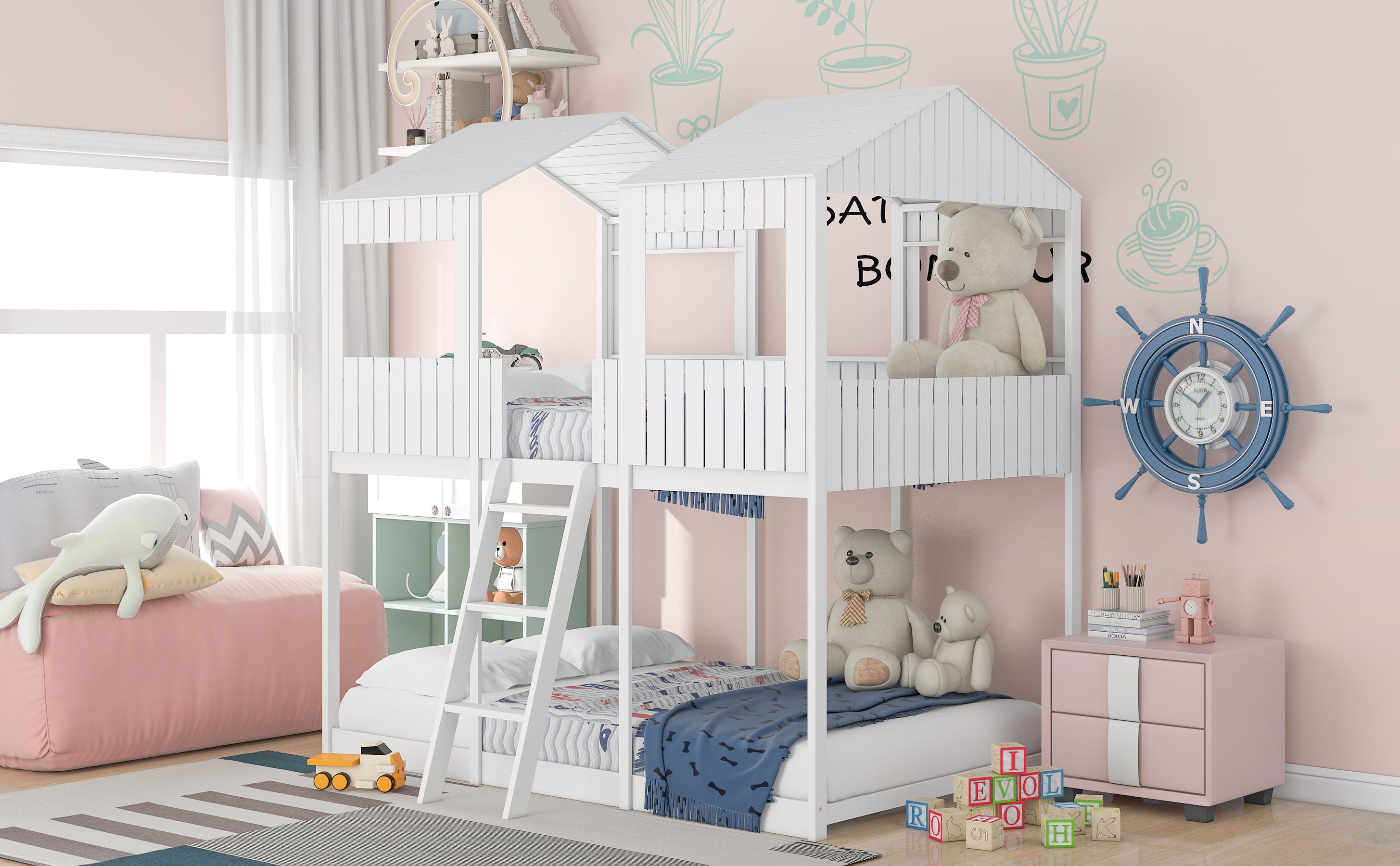Full Over Full WoodBunk Bed with Roof, Window, Guardrail, Ladder(White)( old sku: LT000031AAK )