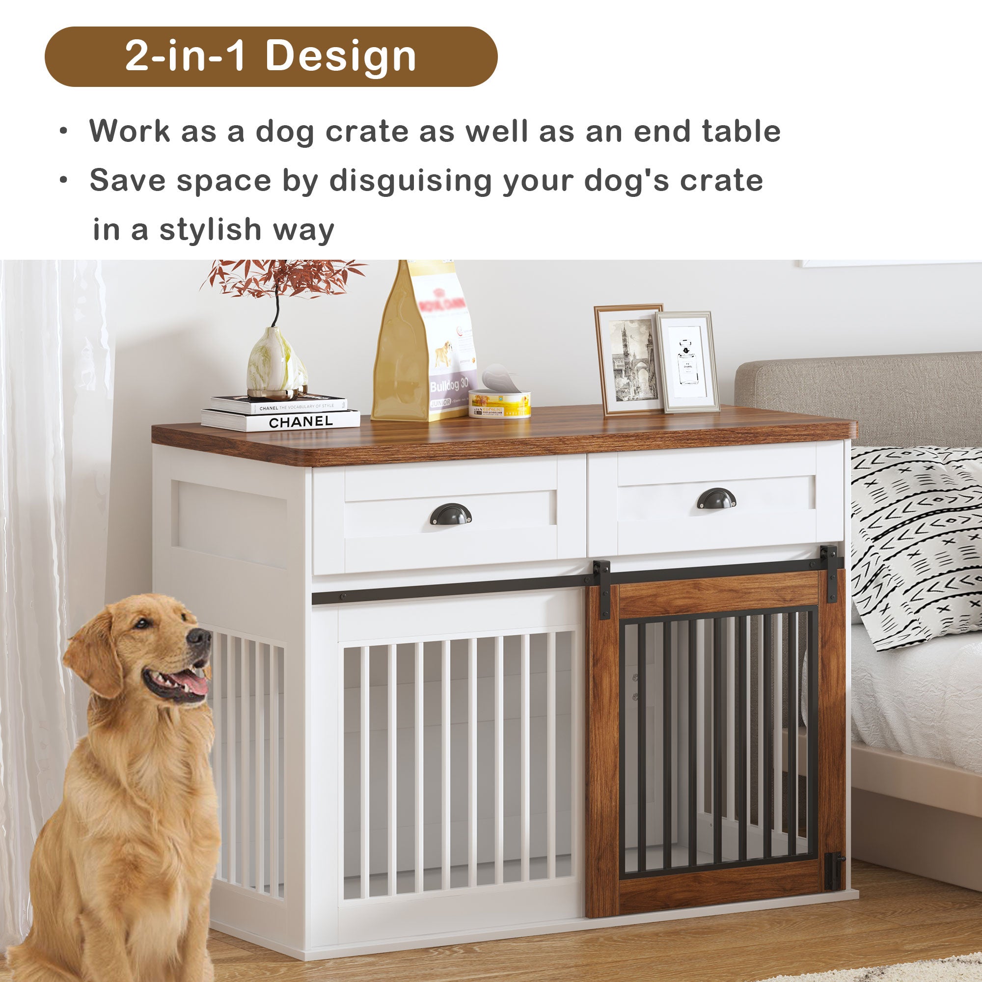 AHCEDARS Heavy Duty Dog Cage for Pets, Suitable for Medium Large Dogs, Cedar Furniture Style Cage, with Double Door Pet House Wooden Cage, Modern Dog House Furniture Room