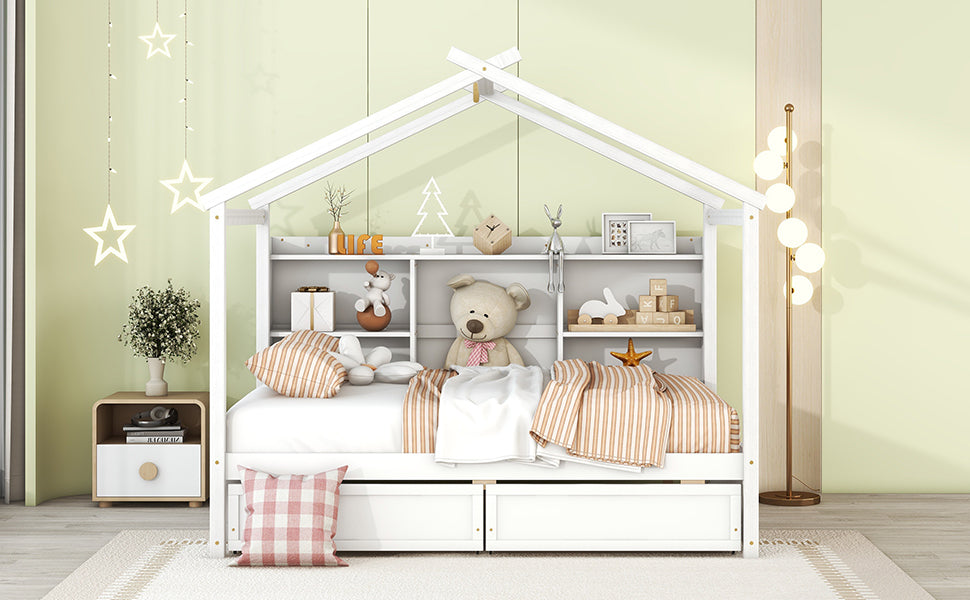 Full Size House Bed with Storage Shelves and 2 Drawers, Brushed White