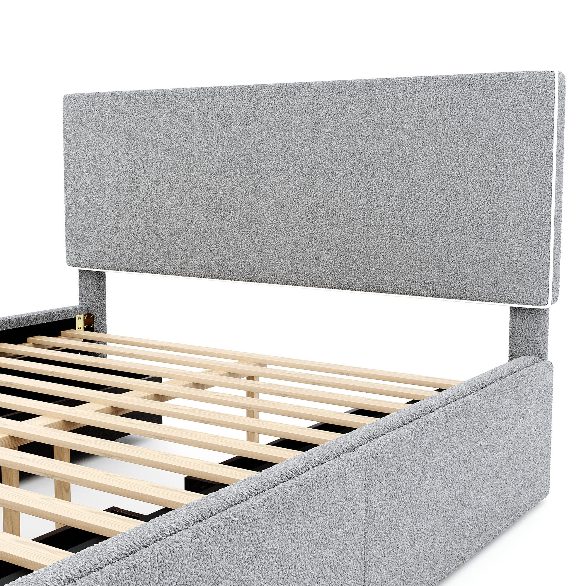 Full Size Upholstered Platform Bed with 4 Drawers and White Edge on the Headboard & Footboard, Gray