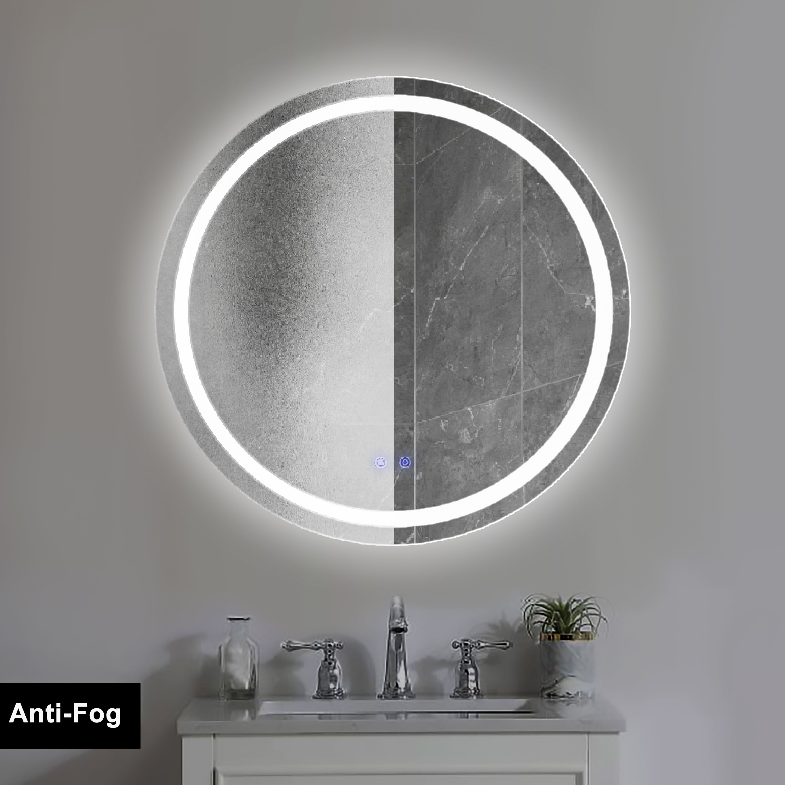 32 x 32 Inch Round Frameless LED Illuminated Bathroom Mirror, Touch Button Defogger, Metal, Frosted Edges, Silver